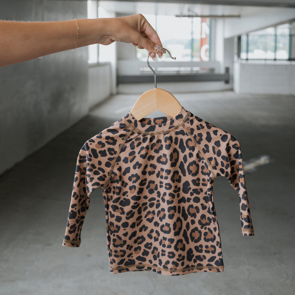 Kids Leopard Print Long Sleeve Rash Guard Swim Shirt - Safari Chic