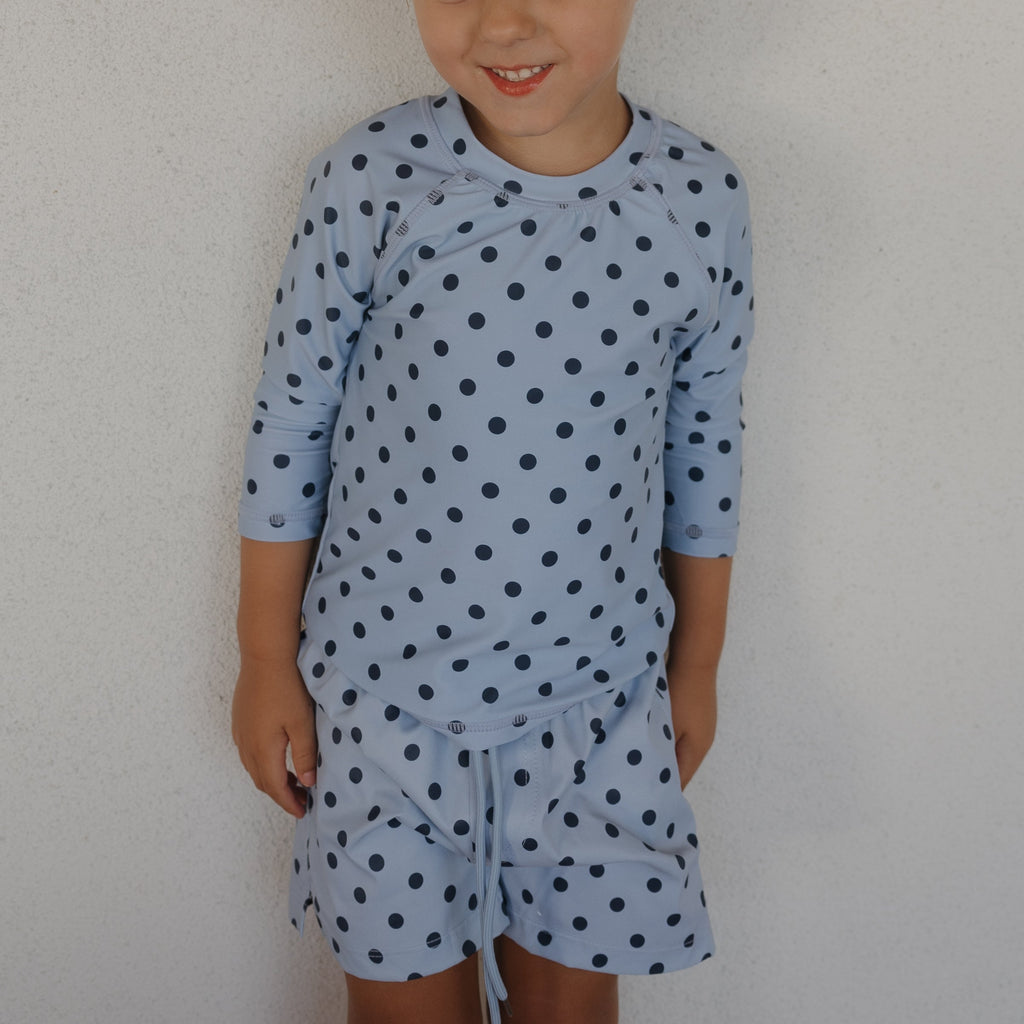 Kids Board Shorts in Sully Blue Polka Dot Print