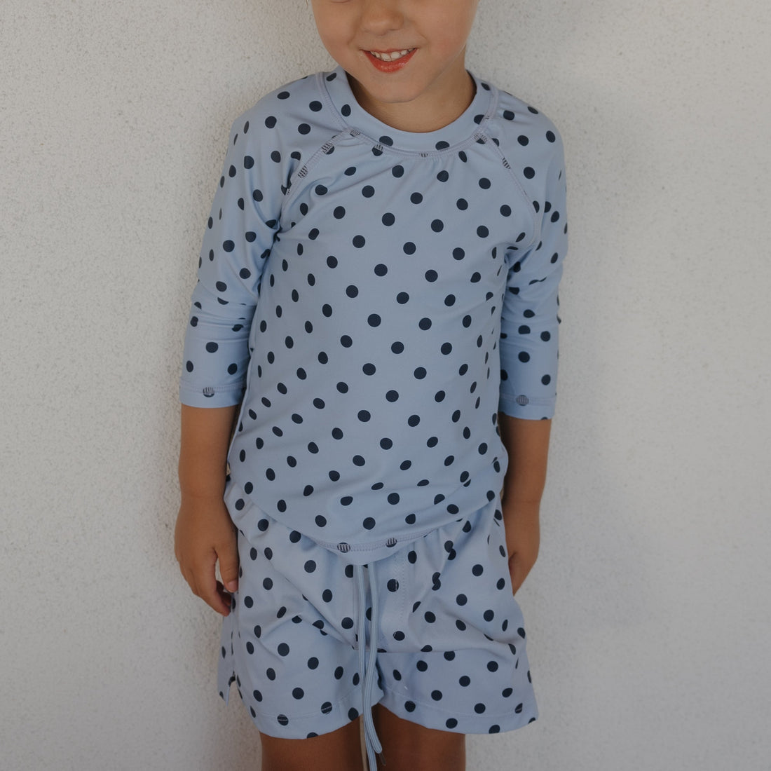 Kids Board Shorts in Sully Blue Polka Dot Print