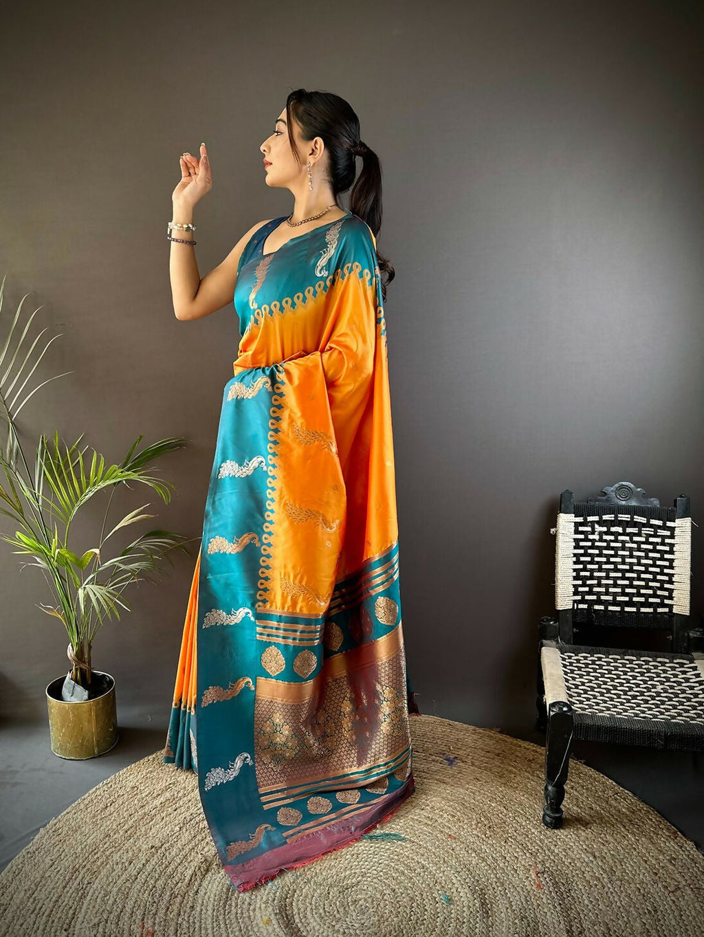 Teal Peacock Butti Banarasi Silk Saree with Unstitched Blouse