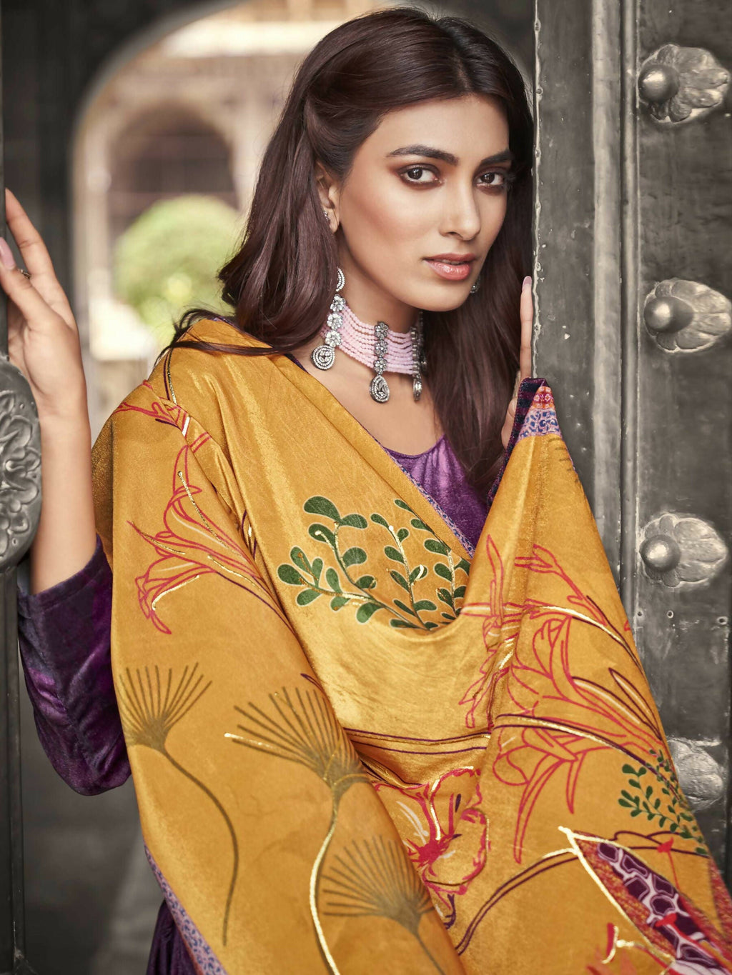 Purple Velvet Floral Digital Printed Kurta with Palazzo Set