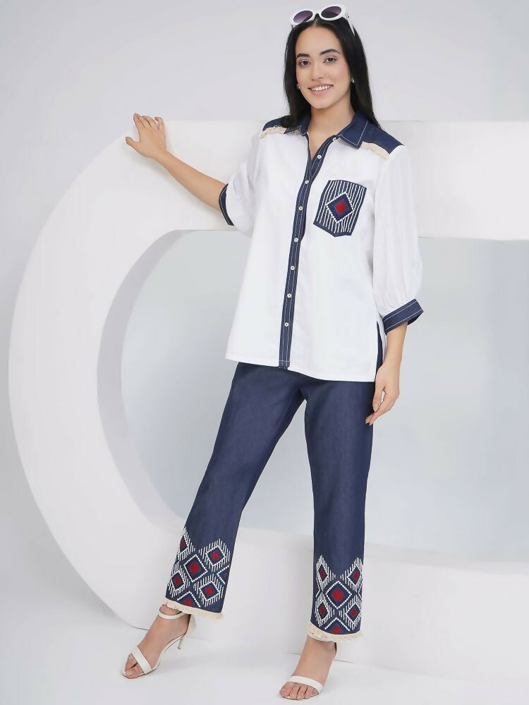 White Rayon Crepe Hand-Embellished Shirt and Embellished Pants Set