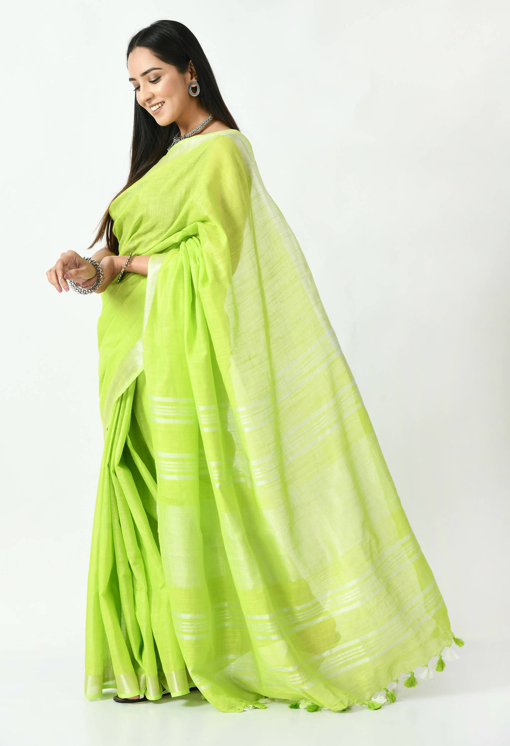 Parrot Green Bhagalpuri Handloom Silk Linen Saree with Silver Detail