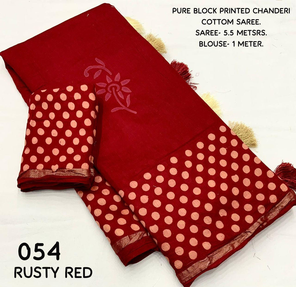 Red Pure Chanderi Cotton Saree with Traditional Hand Block Prints