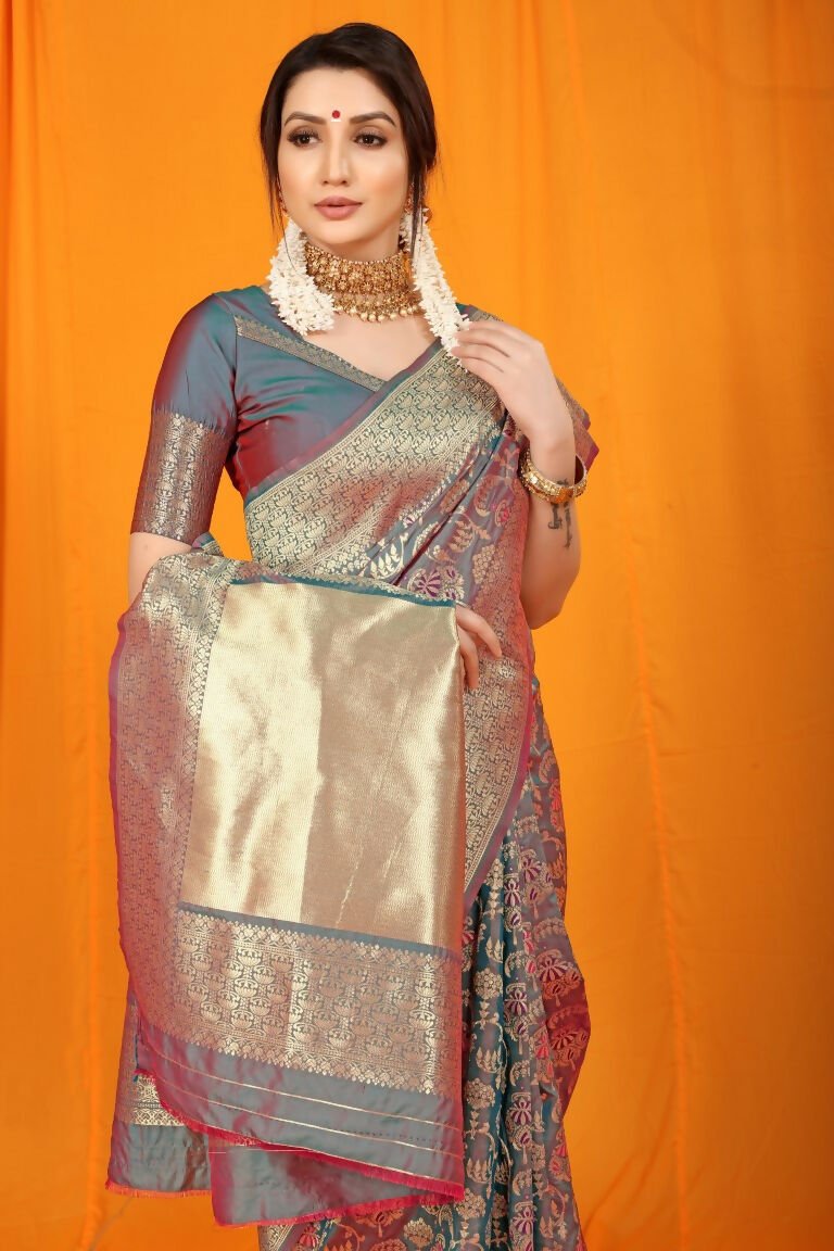 Grey Kanjivaram Silk Zari Woven Saree with Matching Blouse
