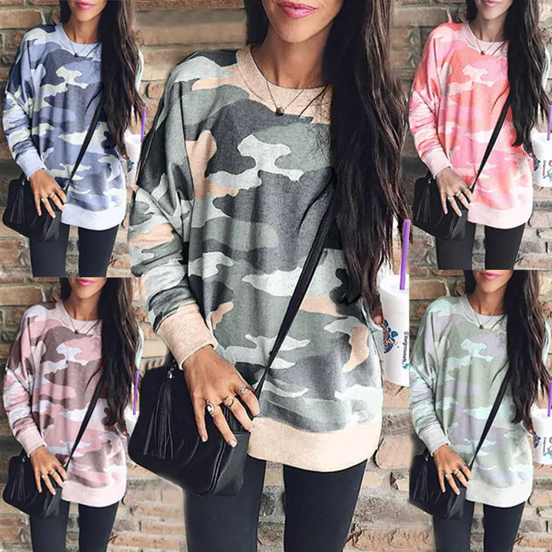 Women's Camouflage Print Round Neck Long Sleeve Pullover Sweatshirt - Image 26