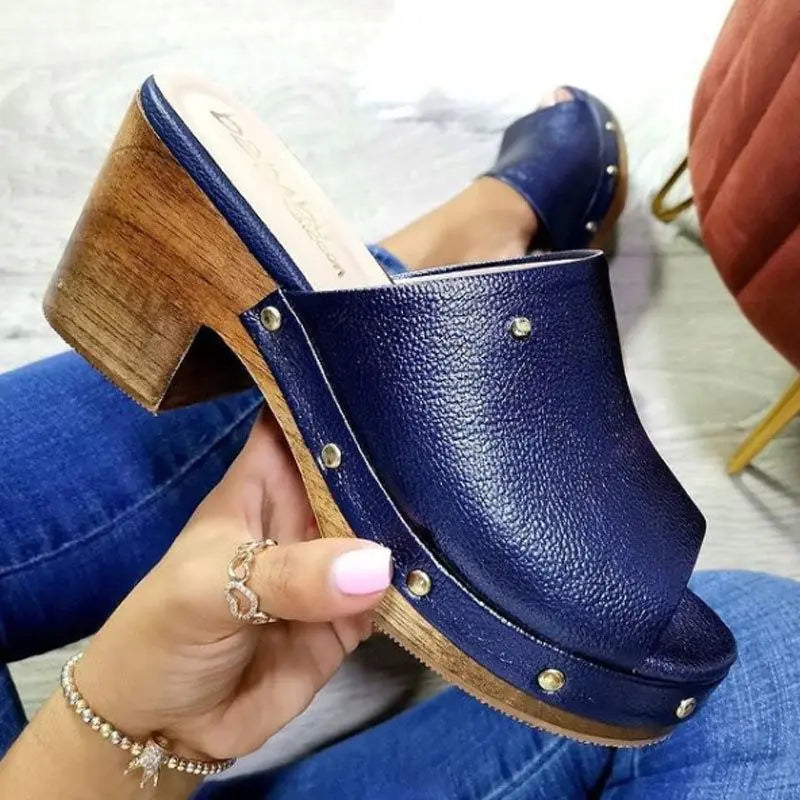 Women's Studded Faux Leather Wedge Mule Sandals Platform Shoes - Image 5