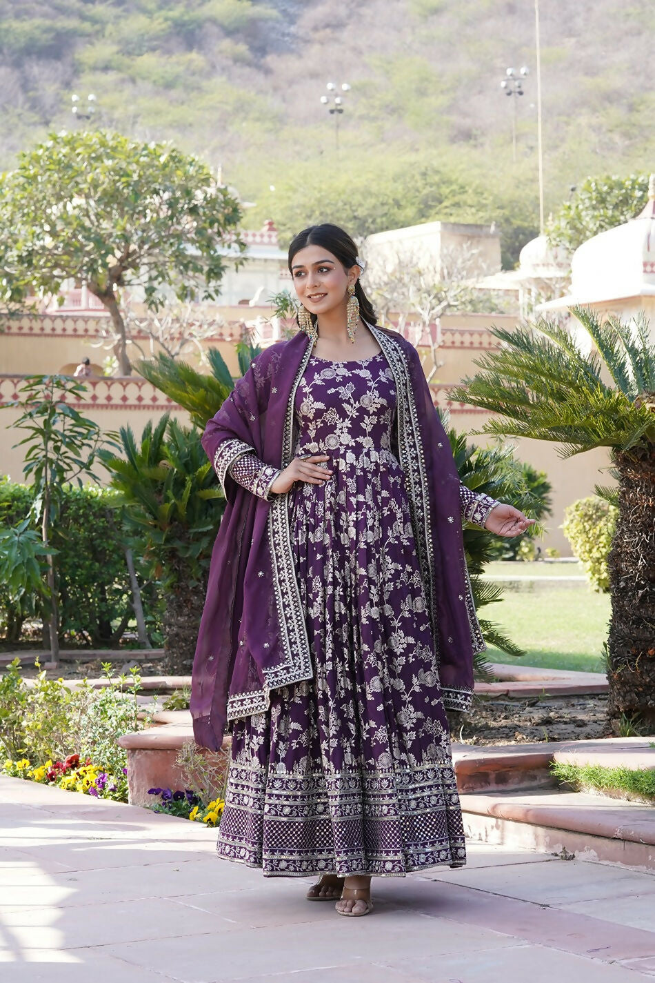 Wine Viscose Jacquard Kurta Set with Sequence Embroidery