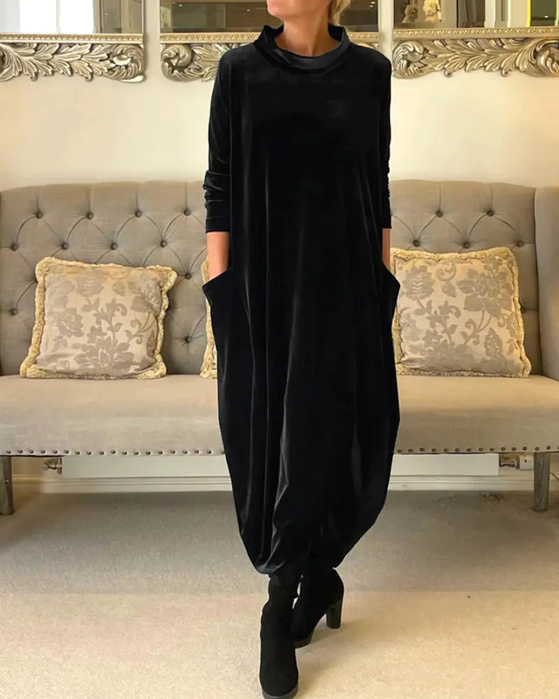 New Women's Long Sleeve Solid Color Round Neck Dress