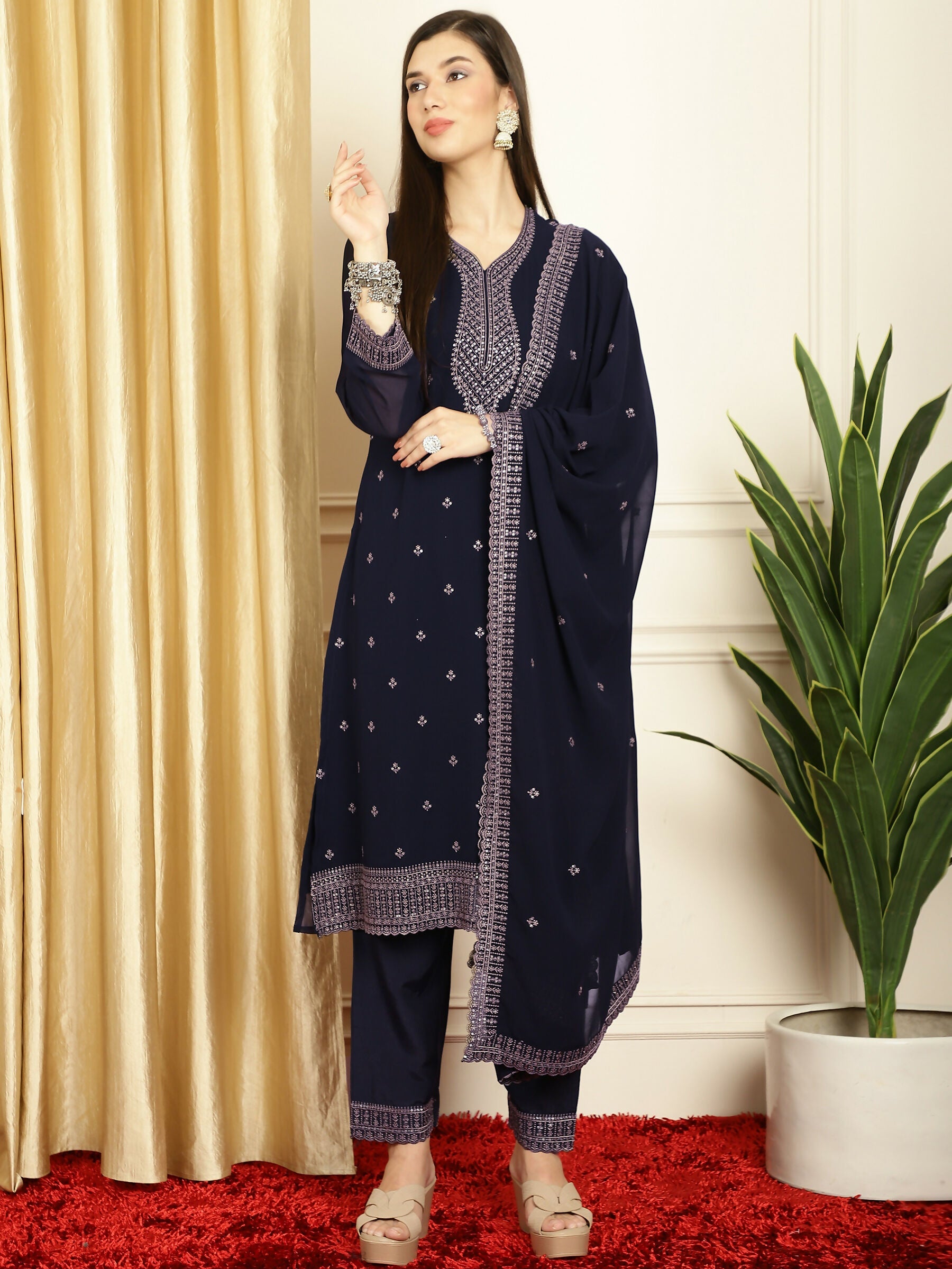 Jyoti Fashion Women's Navy Blue Georgette Resham Thread & Sequin Kurta with Trouser & Dupatta
