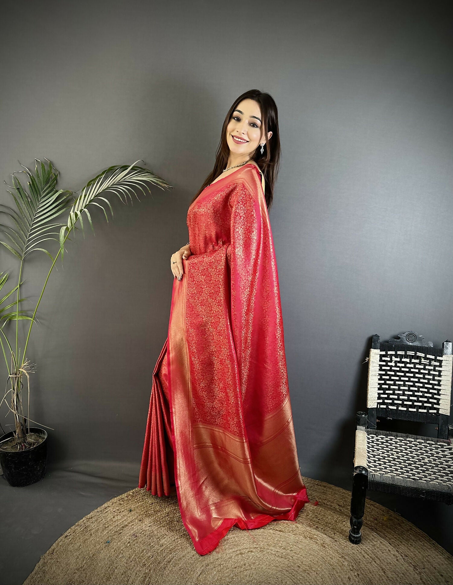 Red Soft Satin Silk Kanchipuram Saree with Floral & Ethnic Motifs