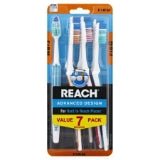 Seven-piece set of white and blue Advanced Design toothbrushes with angled necks