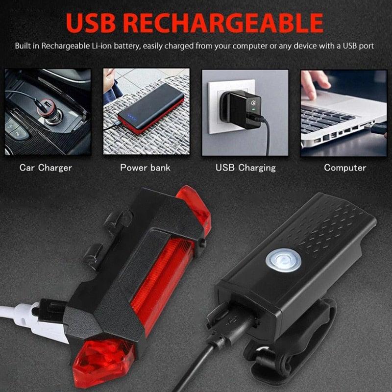Rechargeable USB LED Bike Light Set Front and Rear Safety Lamp