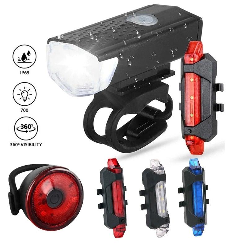 Stevvex rechargeable USB bike light set showing front headlight and rear taillight for cycling safety