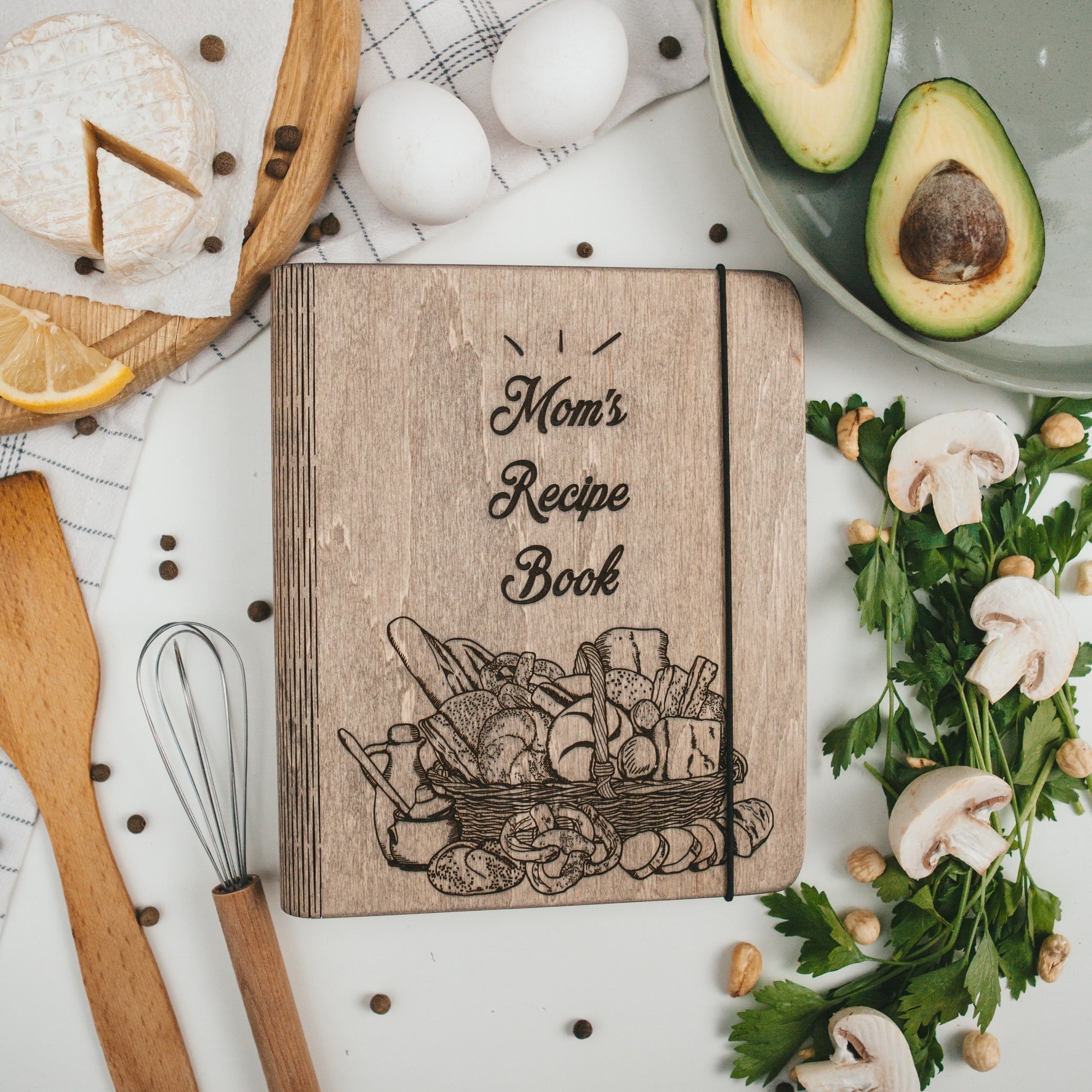 Light brown wooden recipe book with farmhouse basket theme
