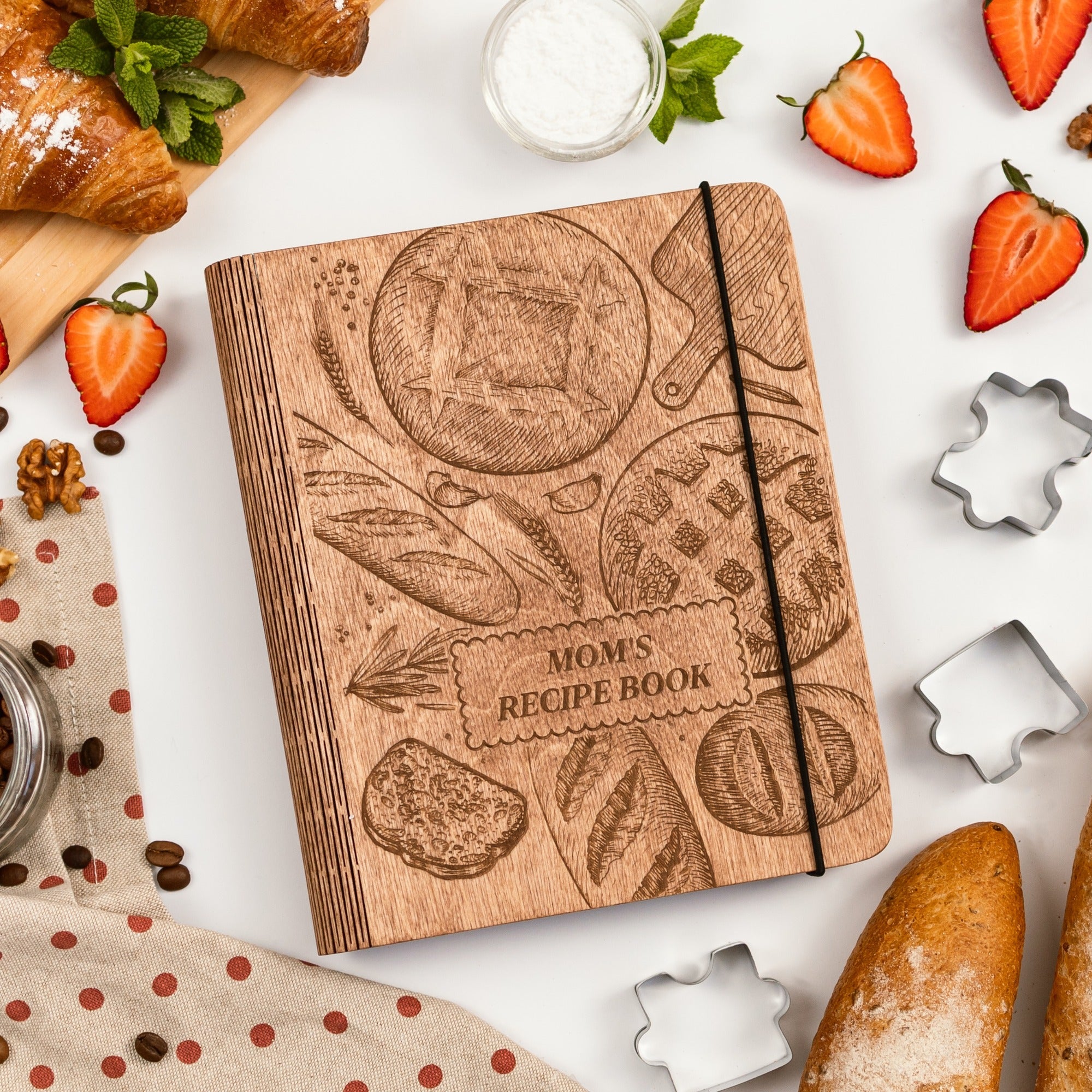 Brown wood-covered recipe book for bread and pastry recipes