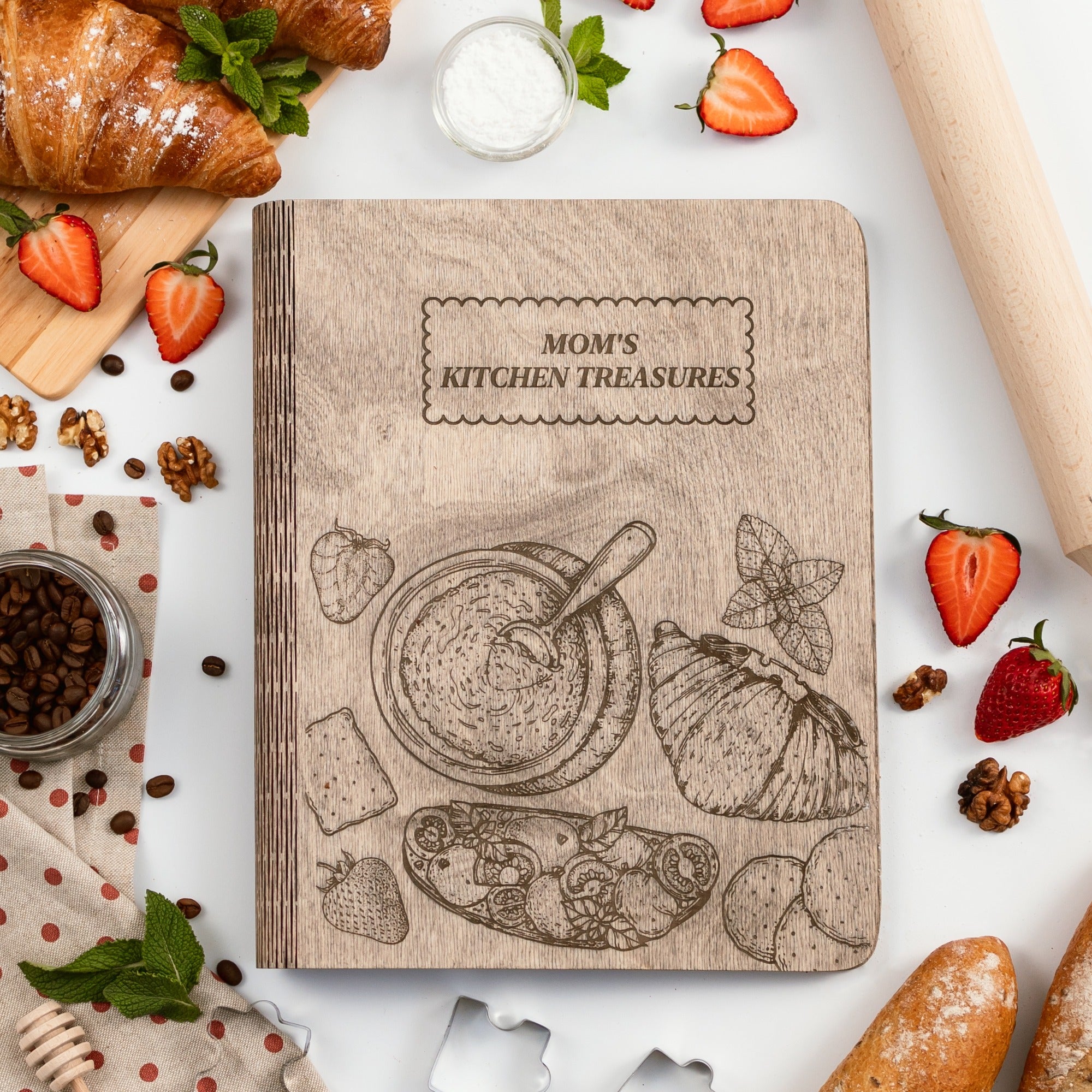 Rustic brown wooden recipe journal resting on a minimalist kitchen counter