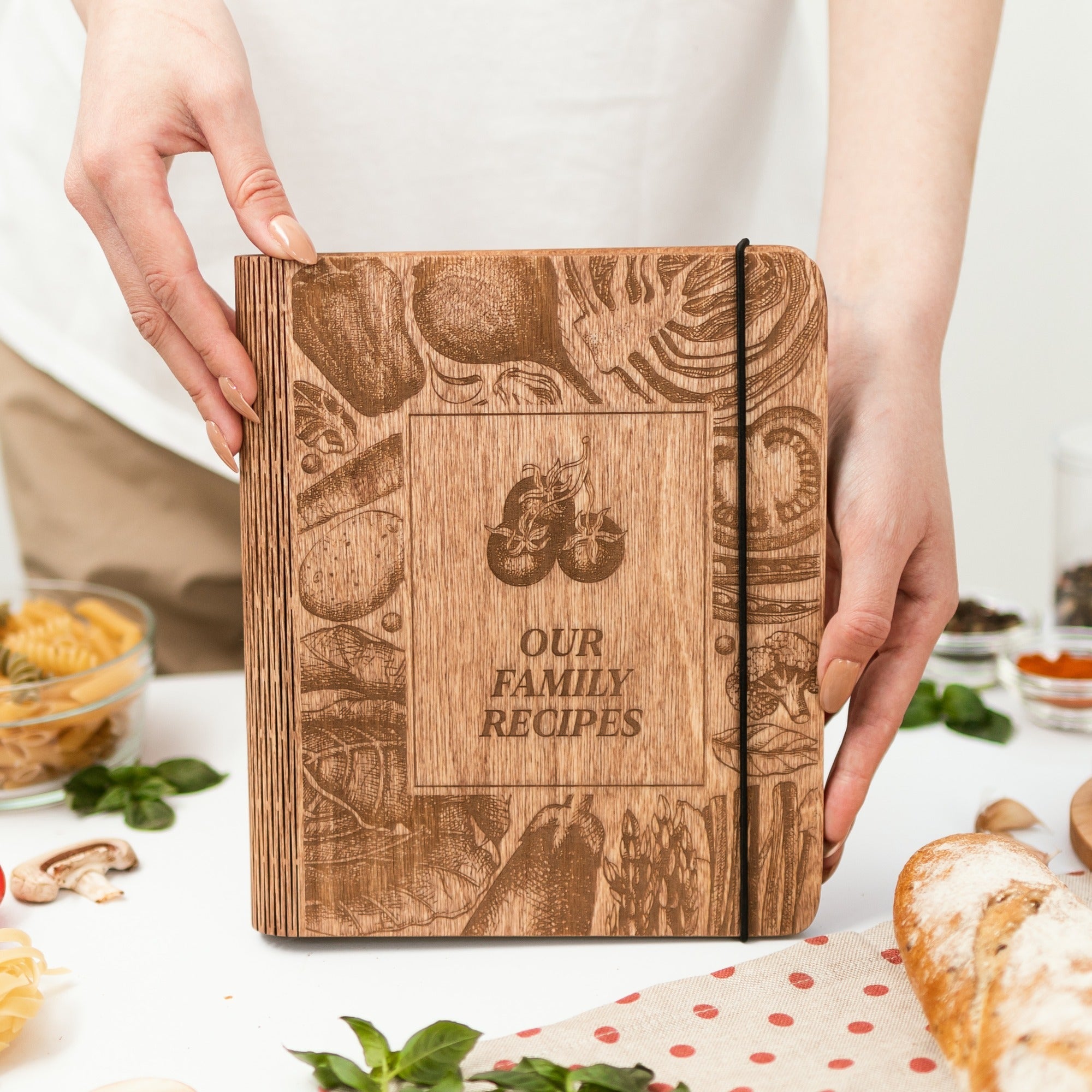 Rustic wooden recipe book with autumn harvest aesthetic