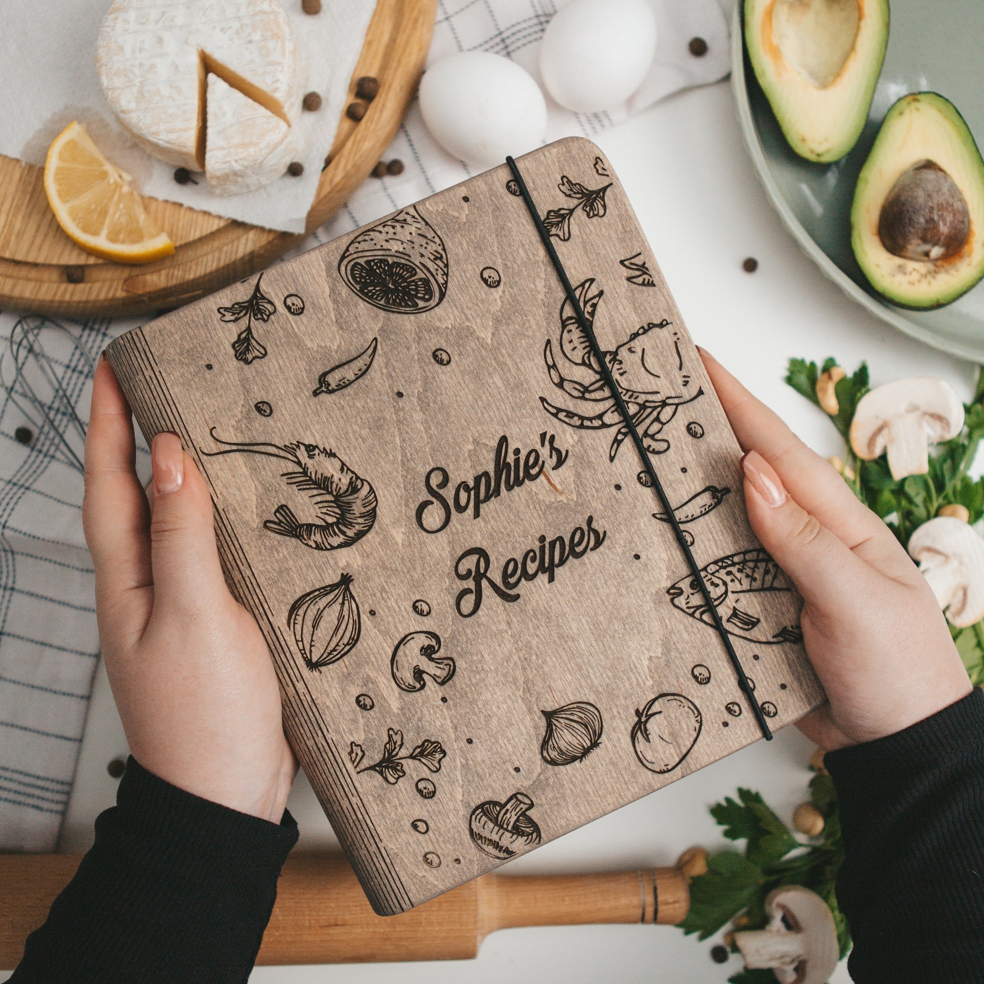 Seafood-themed wooden recipe journal for fish and shellfish recipes.