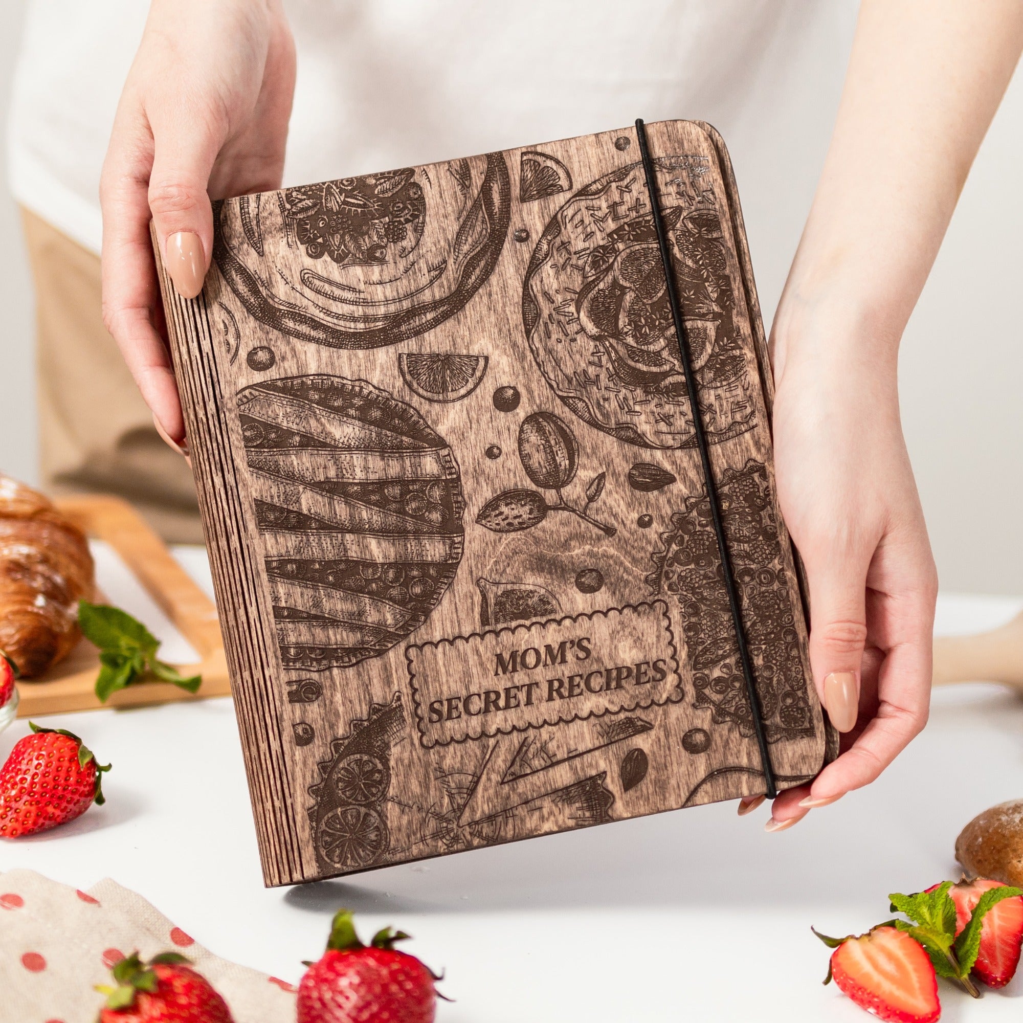 Brown wood-covered recipe journal for pastries and tarts