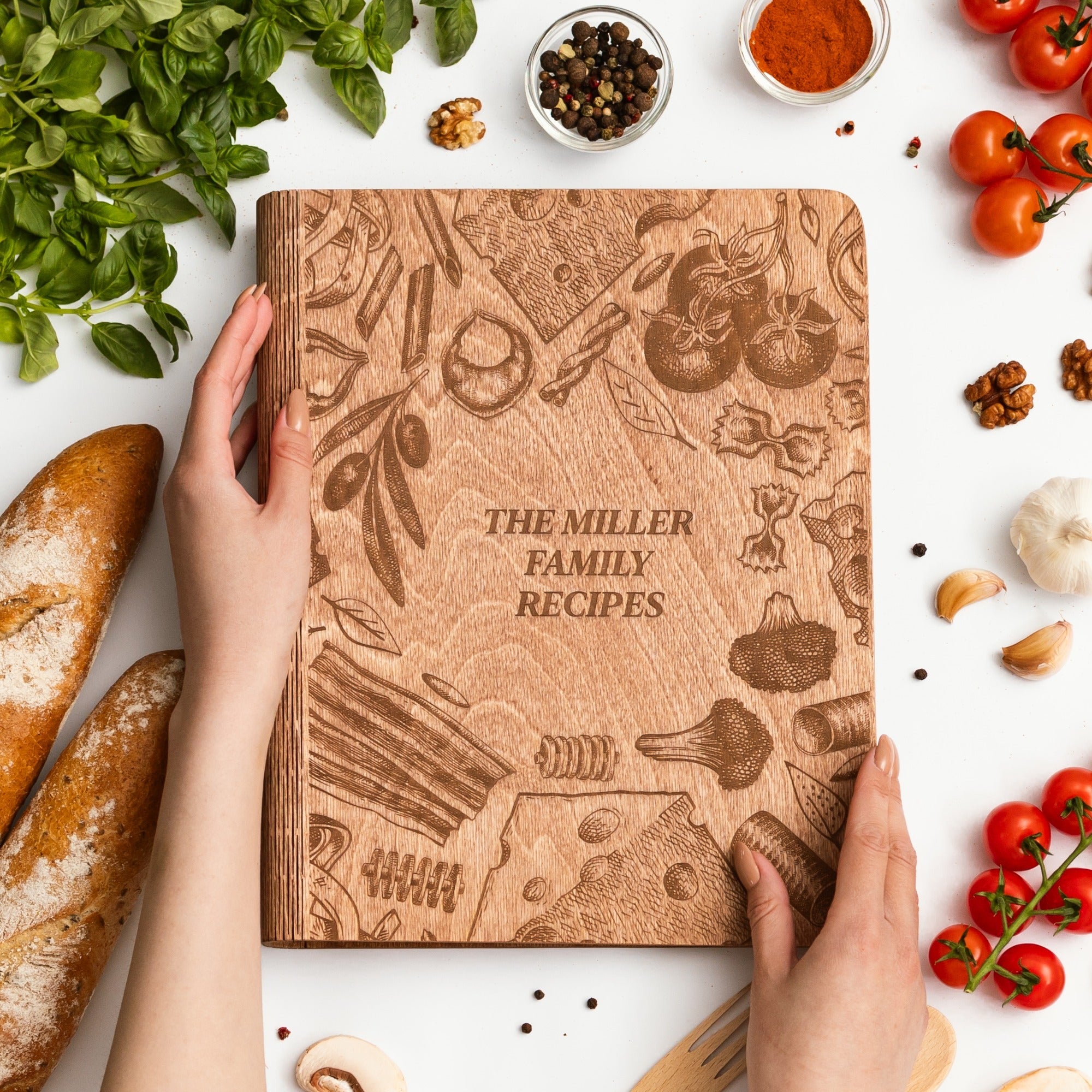 Tuscan Flavor wooden recipe journal featuring rustic Italian design elements.