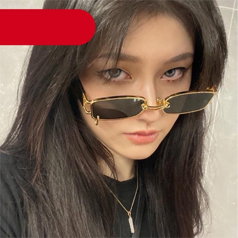 Trendy small rectangular sunglasses for men and women featuring a decorative vintage metal ring on the frame.