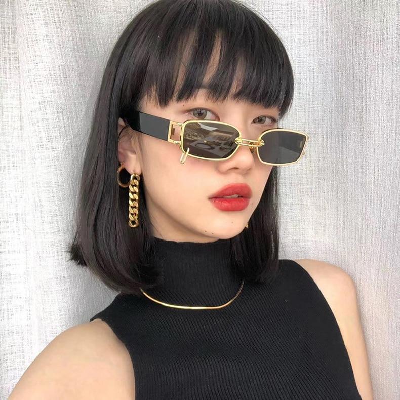 Trendy Small Rectangle Sunglasses with Vintage Metal Ring Detail