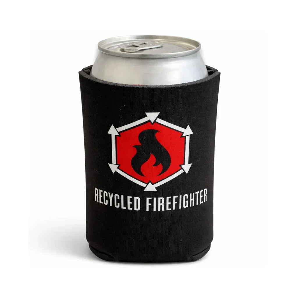 Sleek black Recycled Firefighter drink sleeve with red logo on a 12oz can