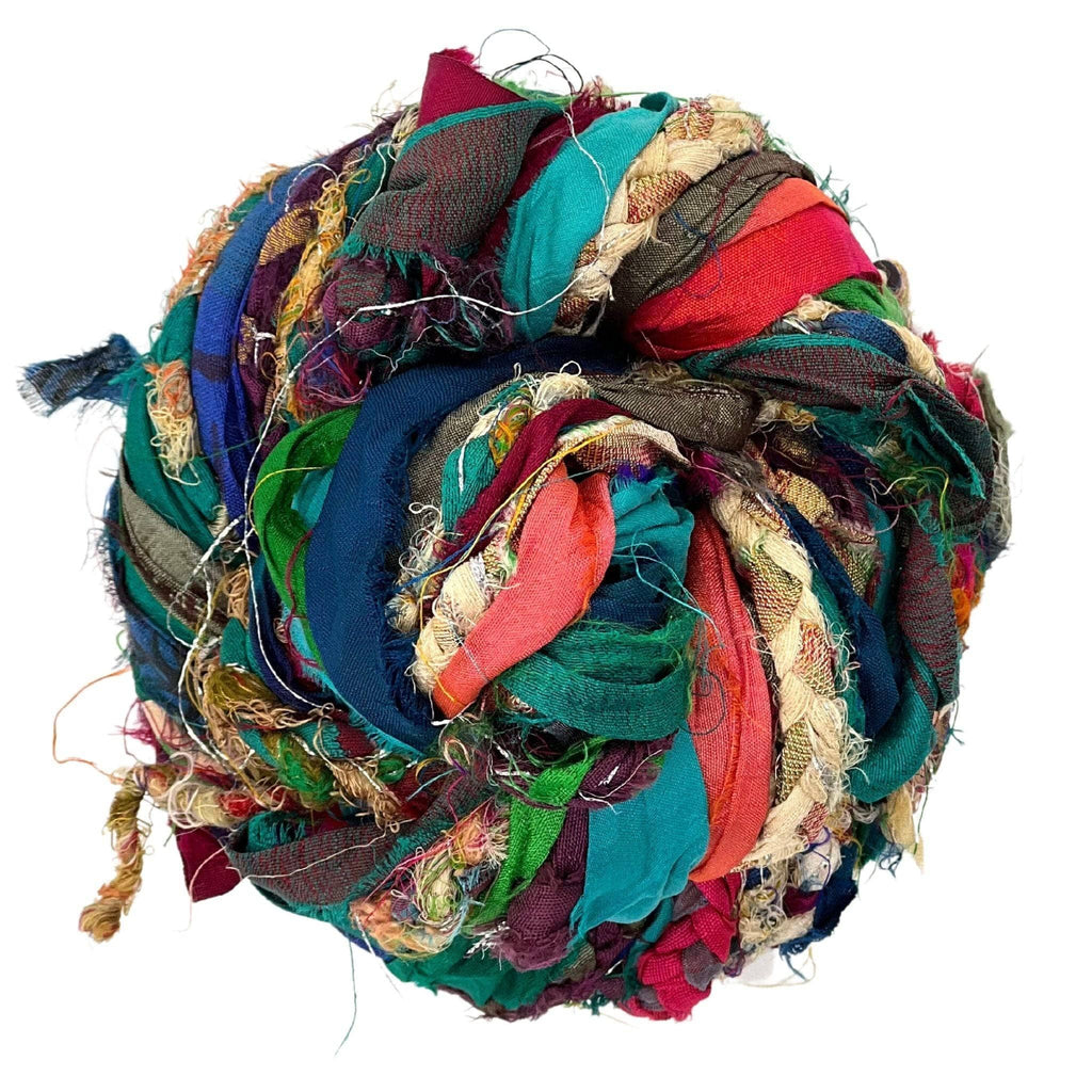Close-up of Istanbul Sparkle recycled sari silk ribbon featuring twisted jewel-toned jewel-tones