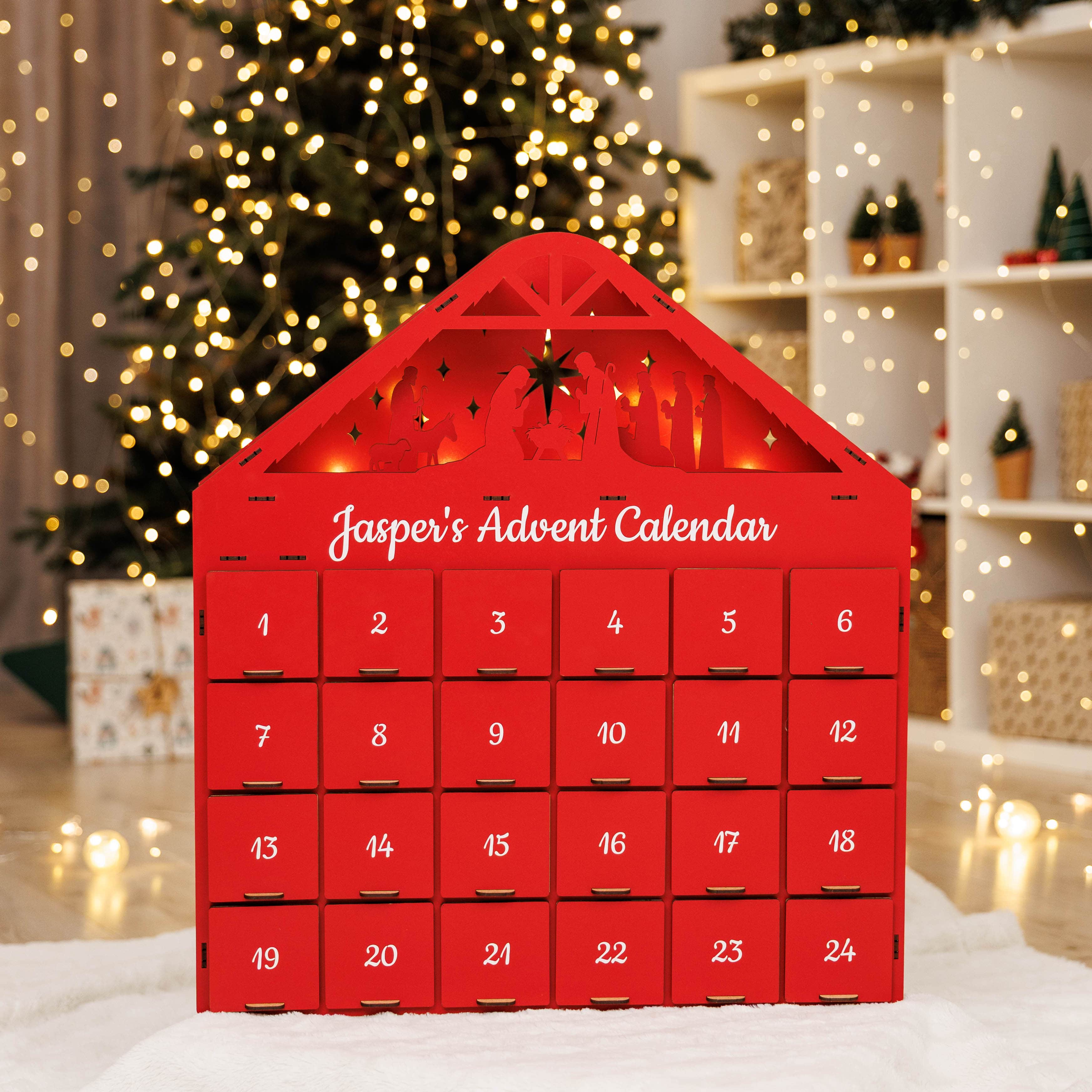 Handcrafted wooden Christmas advent calendar in festive red finish