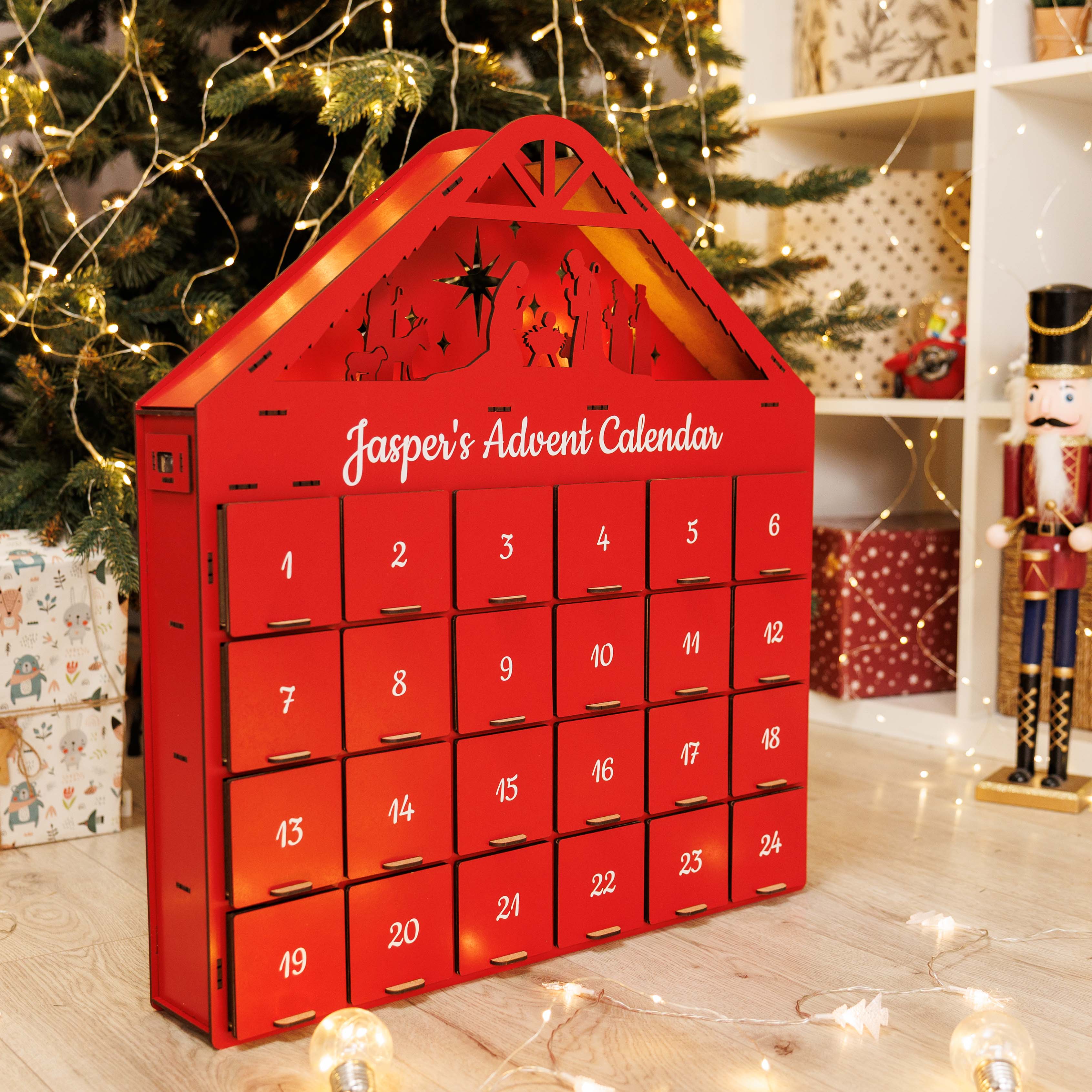 Handcrafted Christmas Advent Calendar - Red Holiday Home Decor
