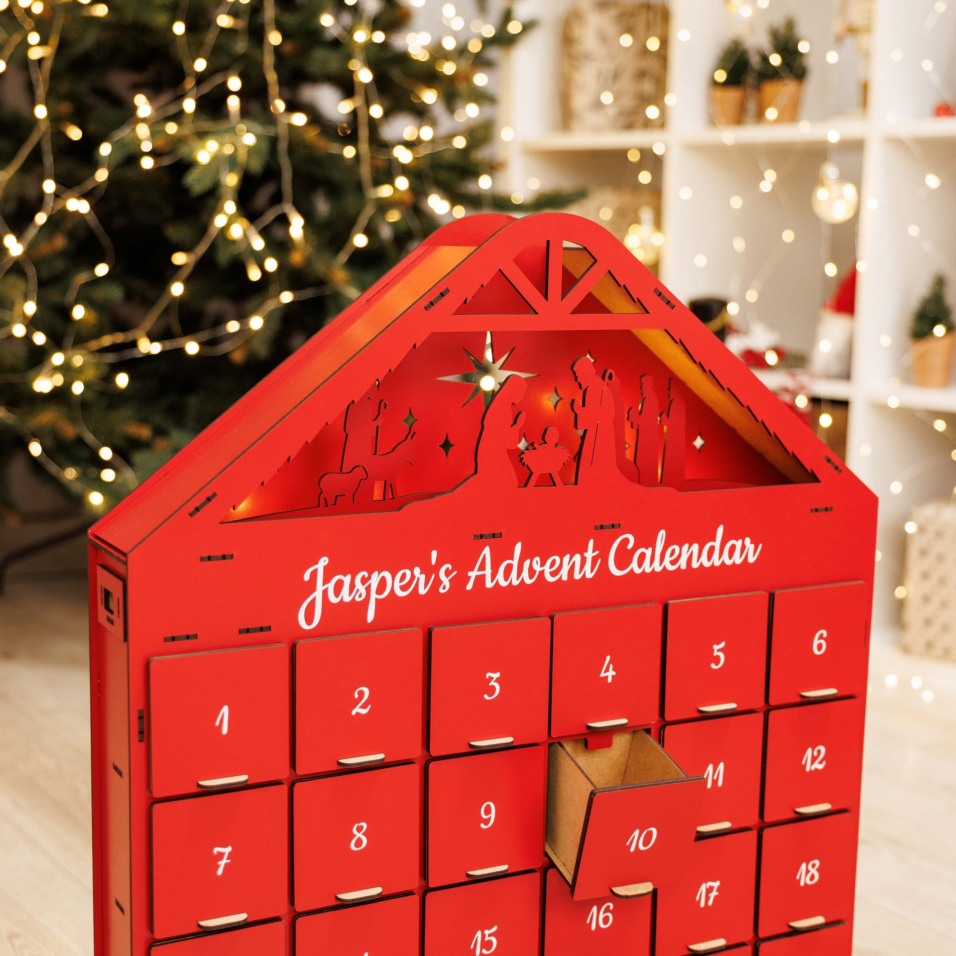 Handcrafted Christmas Advent Calendar - Red Holiday Home Decor