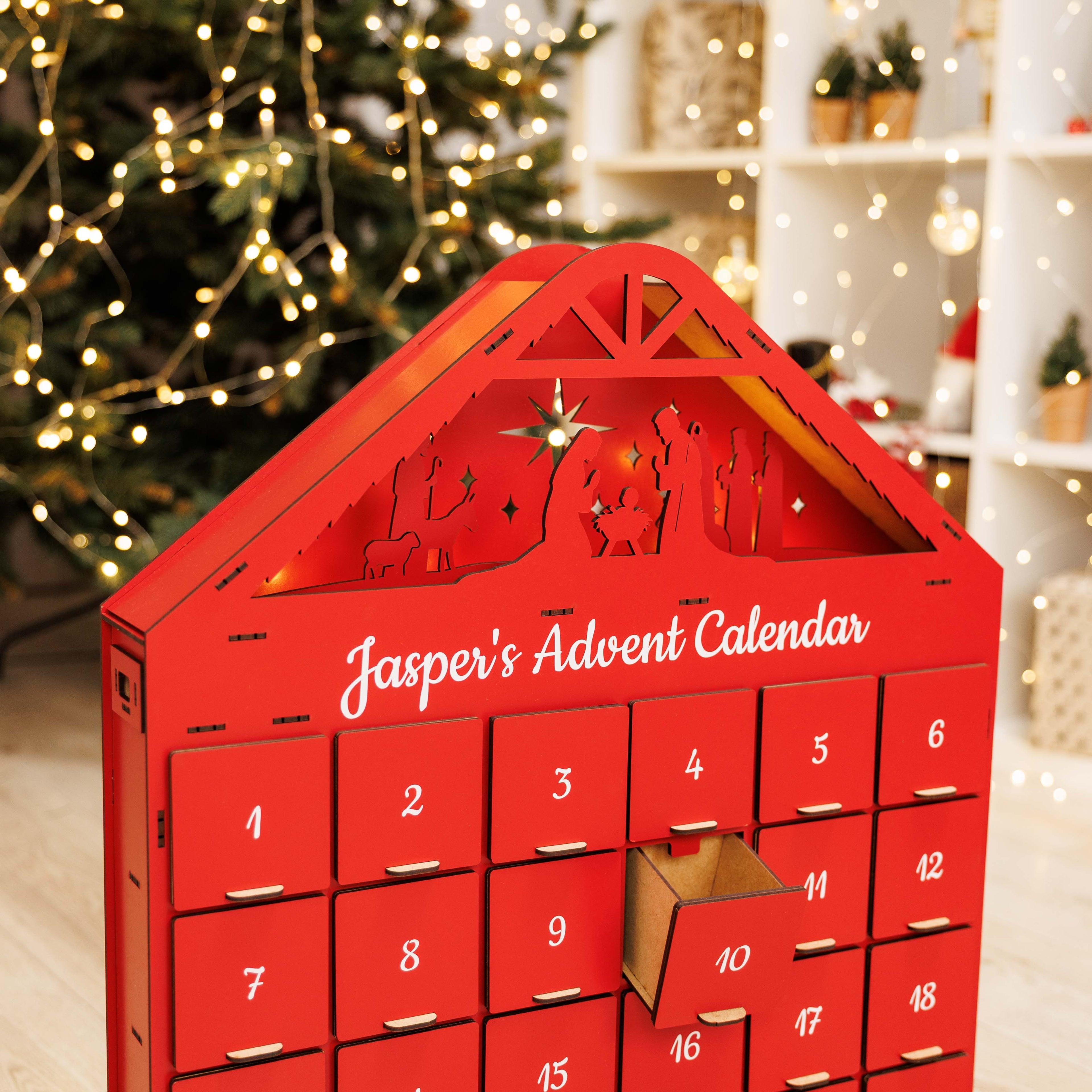 Handcrafted Christmas Advent Calendar - Red Holiday Home Decor