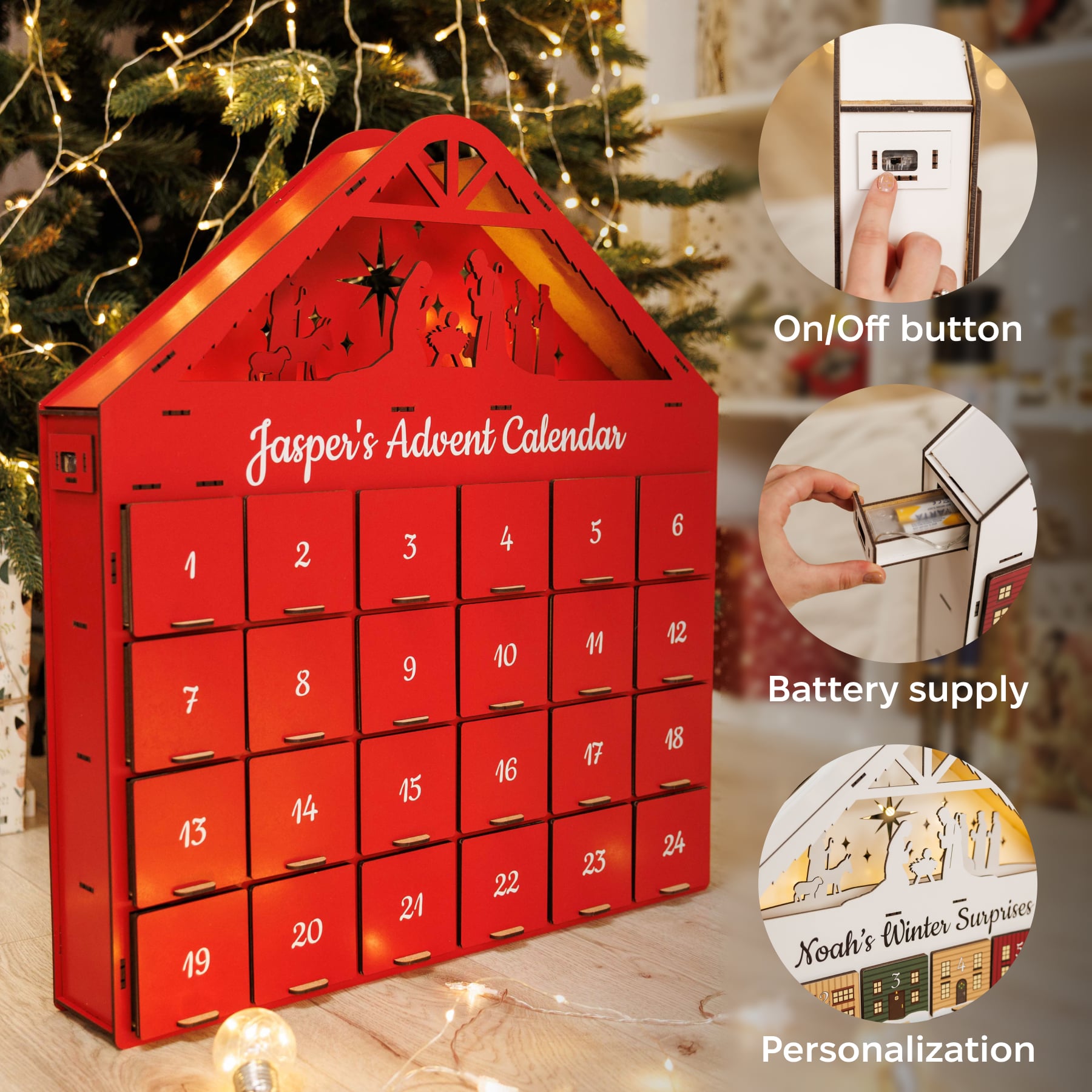Handcrafted Christmas Advent Calendar - Red Holiday Home Decor
