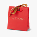 A vibrant red gift bag decorated with a luxurious red and gold ribbon bow.