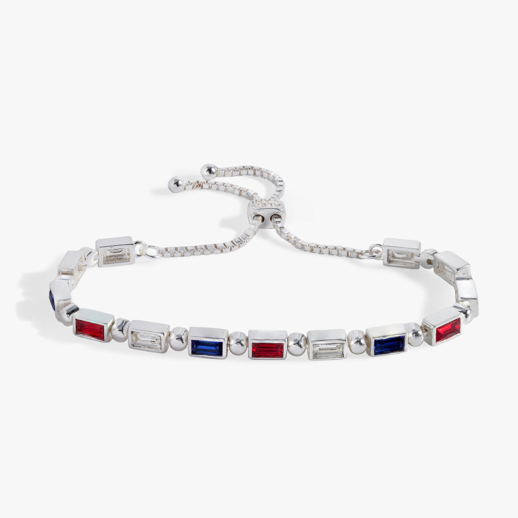 Red, White and Blue Baguette Crystal Bolo Bracelet with adjustable chain closure