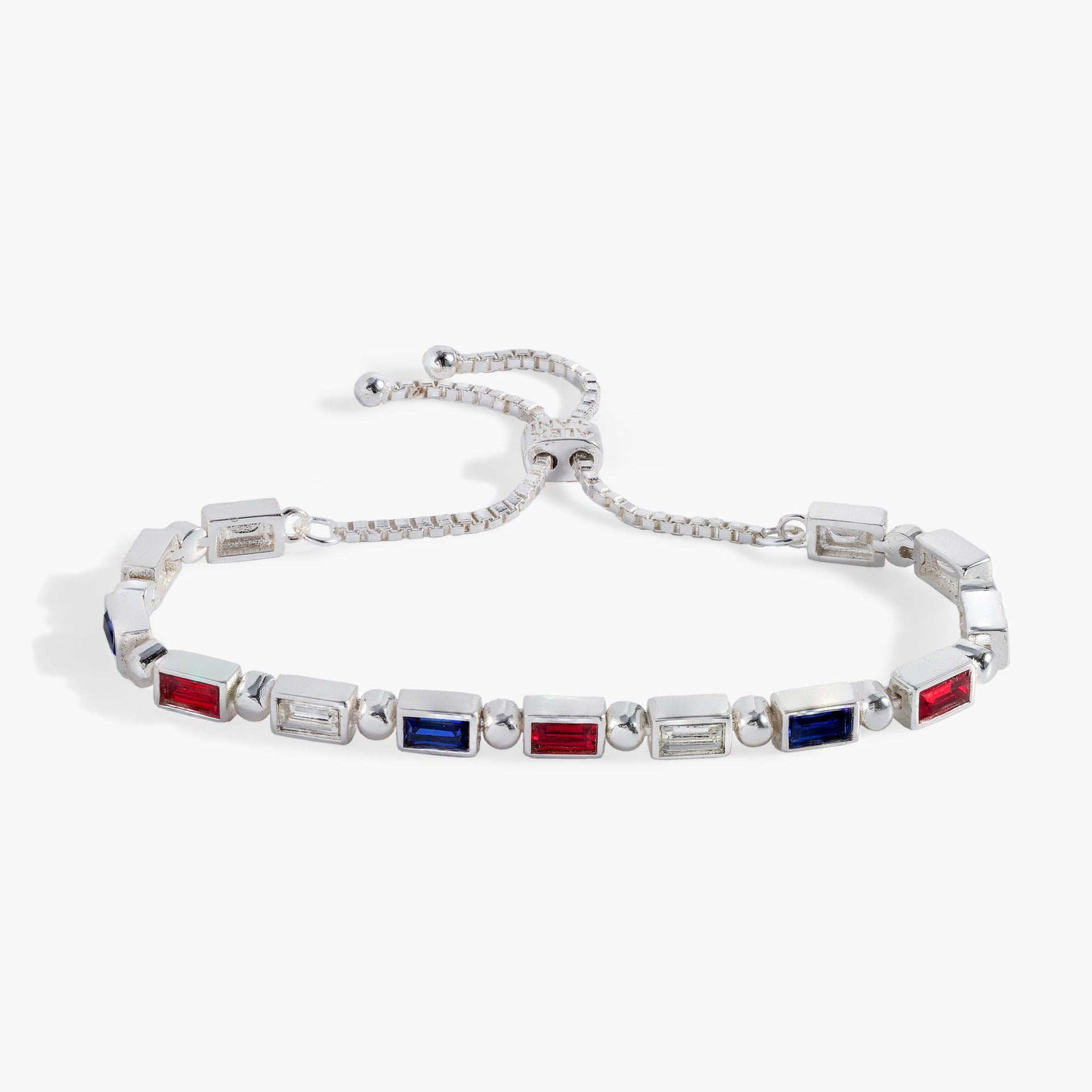 Red, White and Blue Baguette Crystal Bolo Bracelet with adjustable chain closure