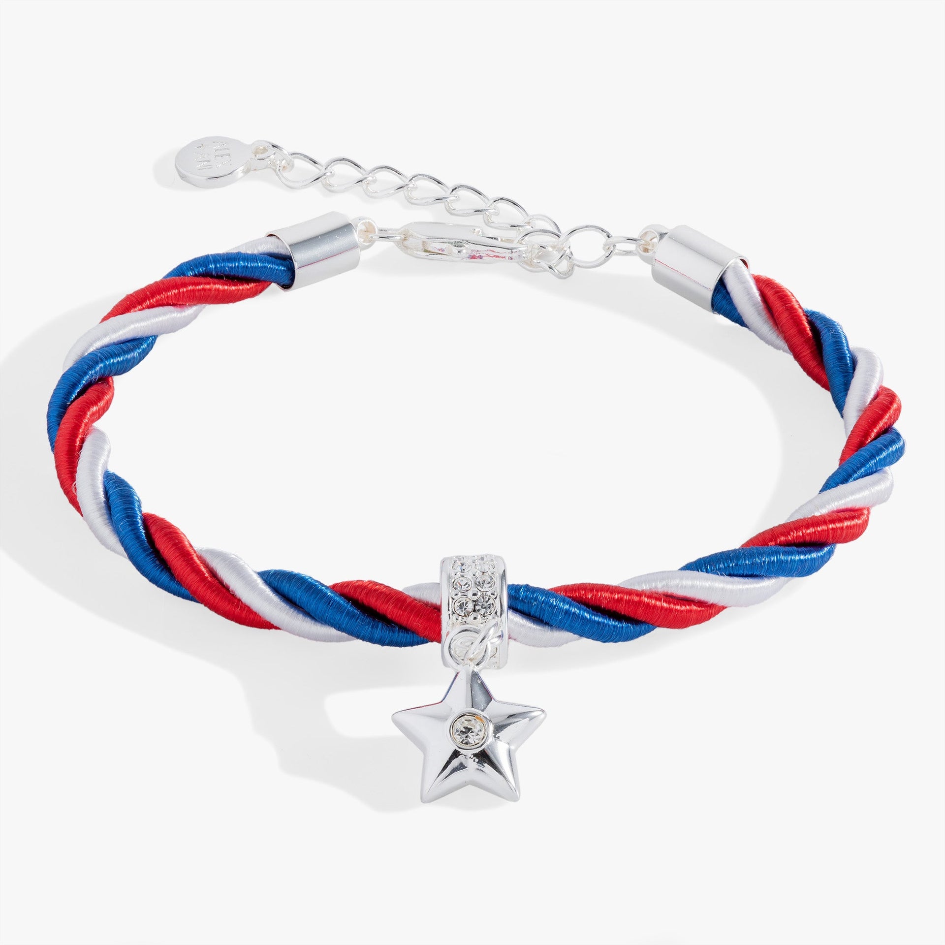 Red, White and Blue Star Cord Bracelet featuring a crystal-studded star charm and adjustable closure