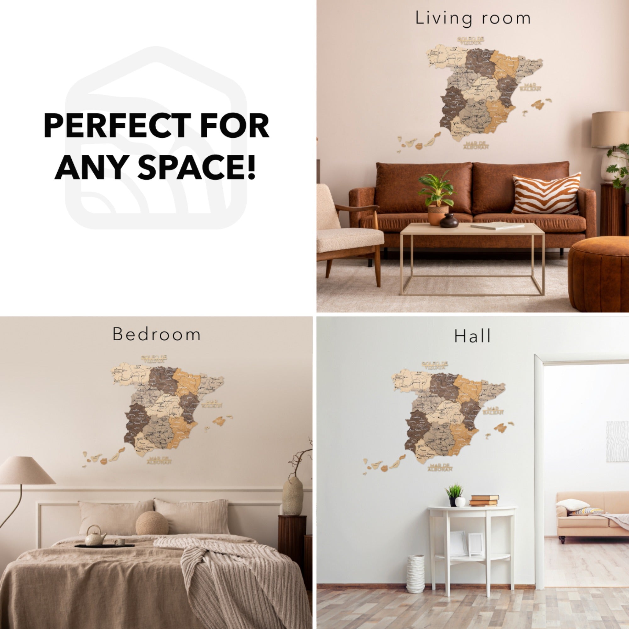 Wooden Map of Spain Multicolor Handcrafted Wall Art