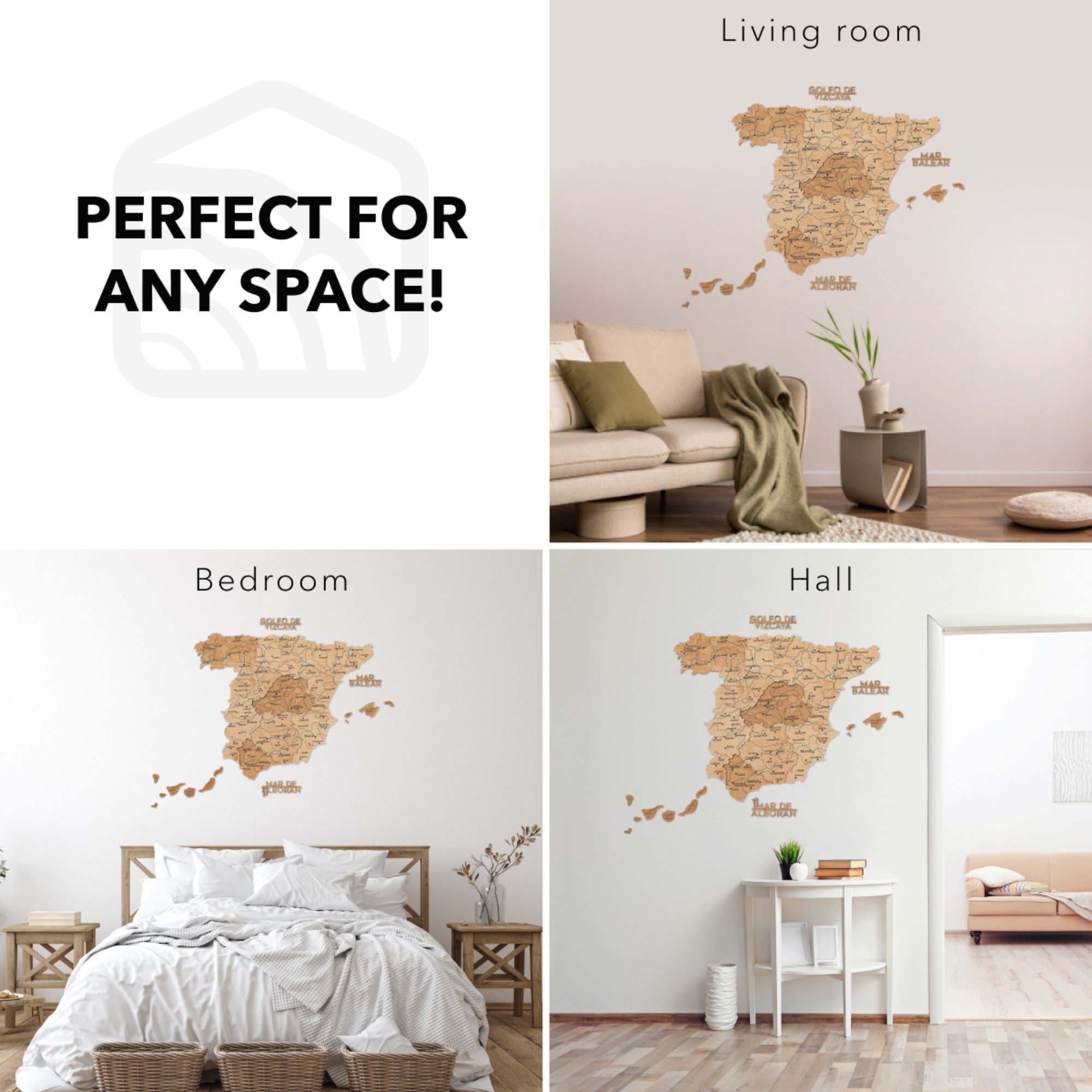 Gold Wooden Map of Spain Wall Art - Decorative Home Decor