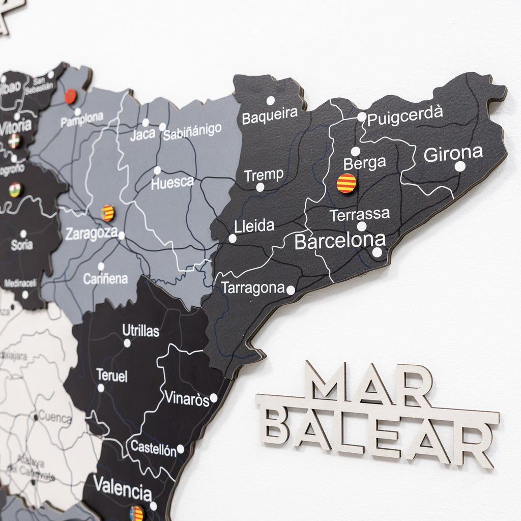 Modern Minimalist Wooden Map of Spain Wall Art in Black, Grey, White