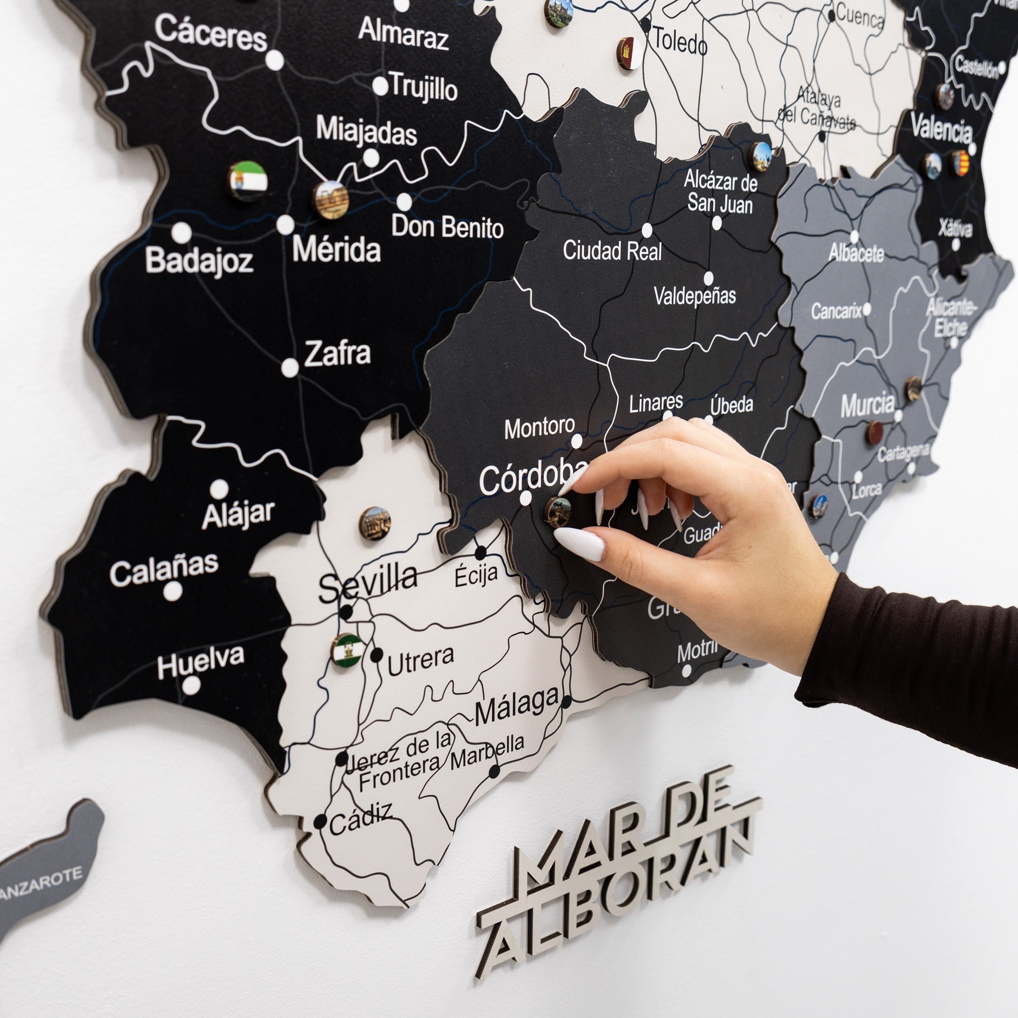 Modern Minimalist Wooden Map of Spain Wall Art in Black, Grey, White