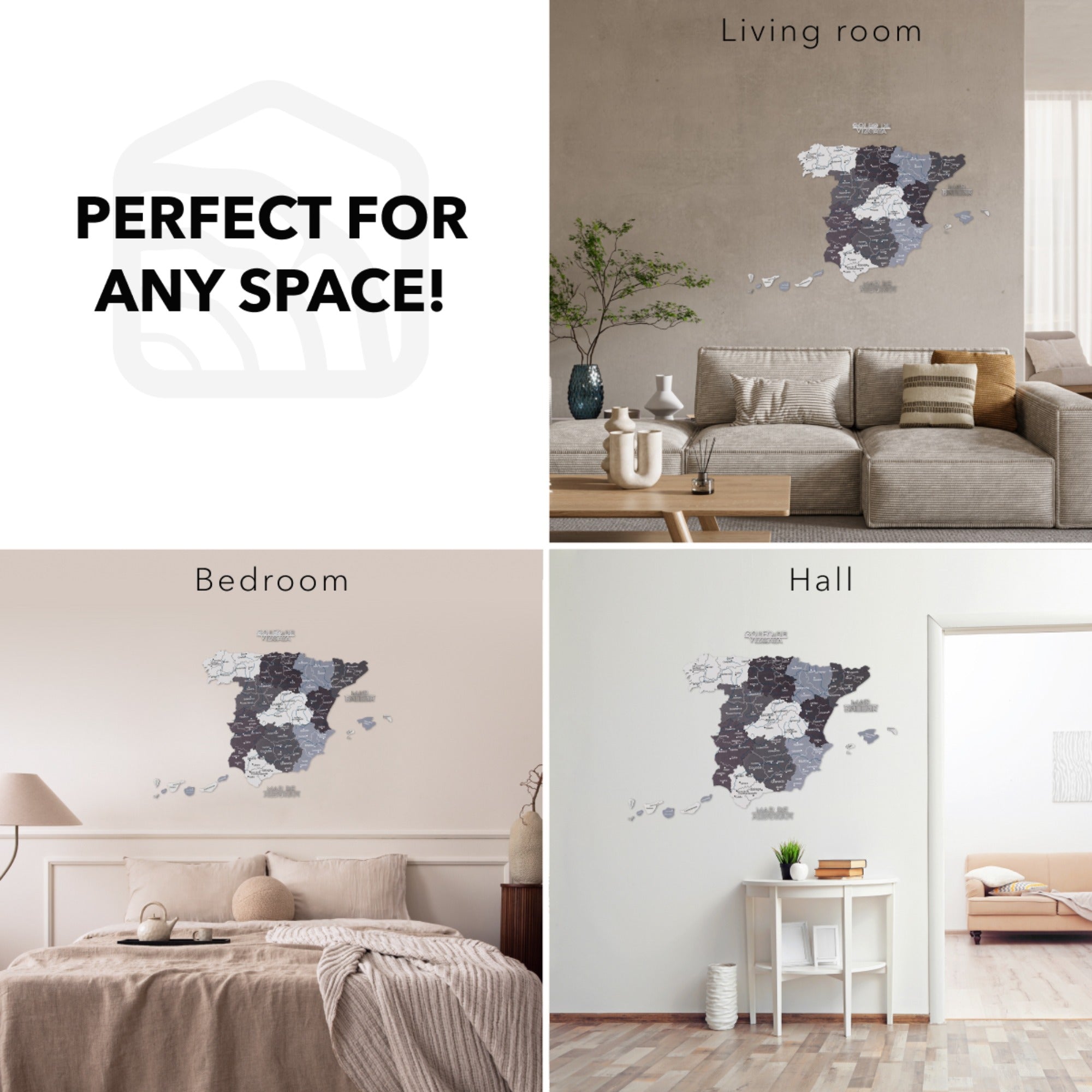Modern Minimalist Wooden Map of Spain Wall Art in Black, Grey, White