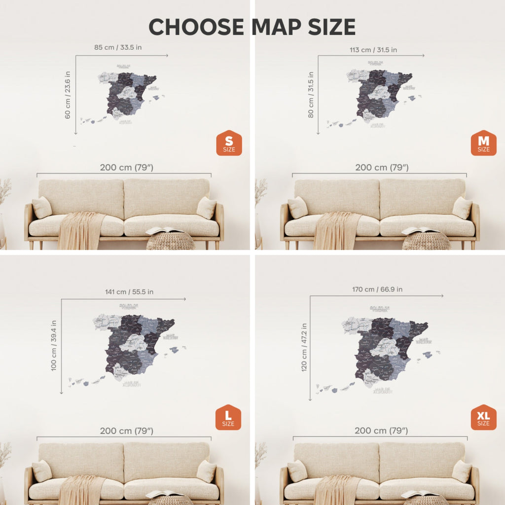 Modern Minimalist Wooden Map of Spain Wall Art in Black, Grey, White