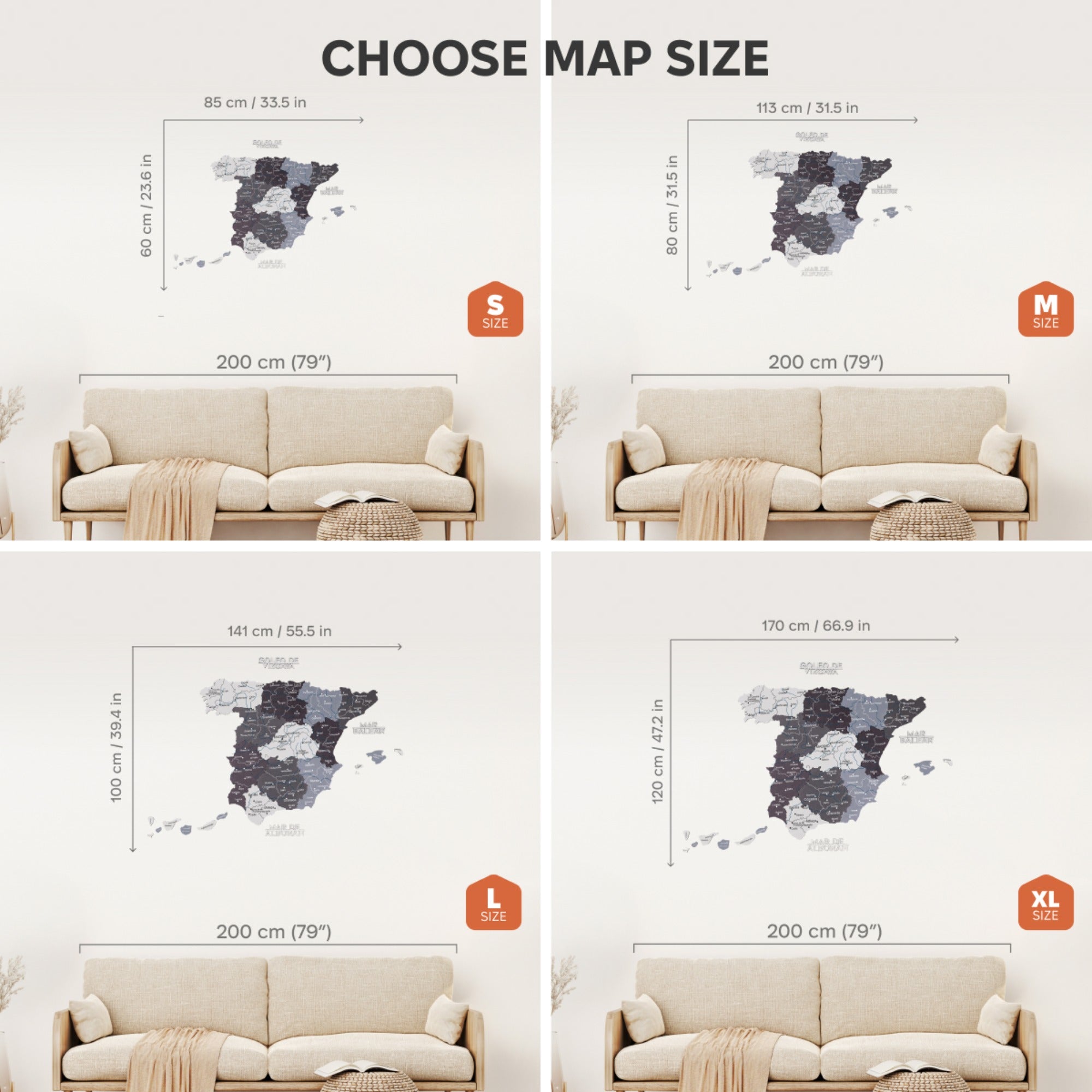 Modern Minimalist Wooden Map of Spain Wall Art in Black, Grey, White