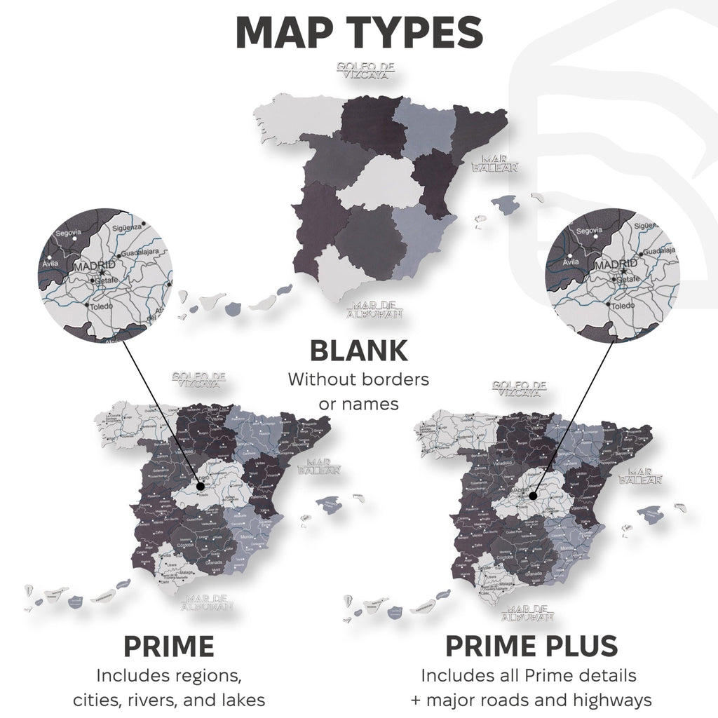Modern Minimalist Wooden Map of Spain Wall Art in Black, Grey, White