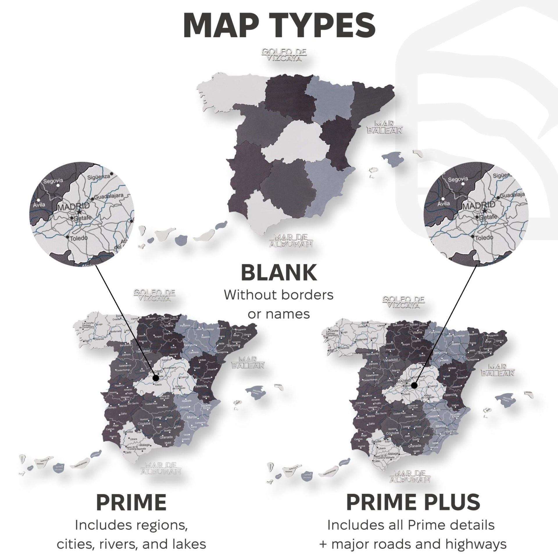 Modern Minimalist Wooden Map of Spain Wall Art in Black, Grey, White