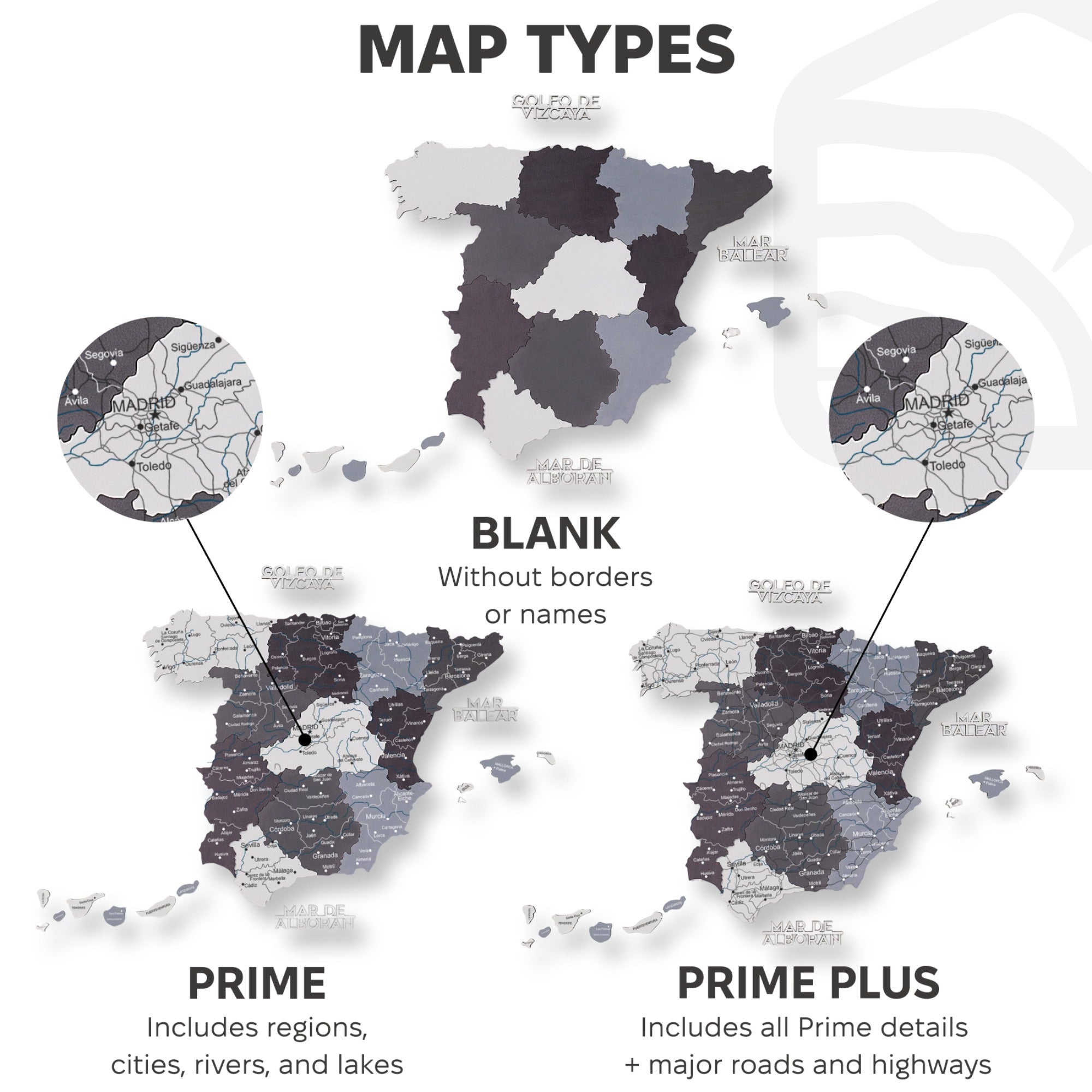 Modern Minimalist Wooden Map of Spain Wall Art in Black, Grey, White