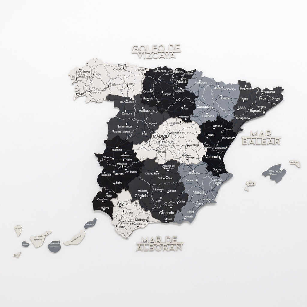Modern Minimalist Wooden Map of Spain Wall Art in Black, Grey, White
