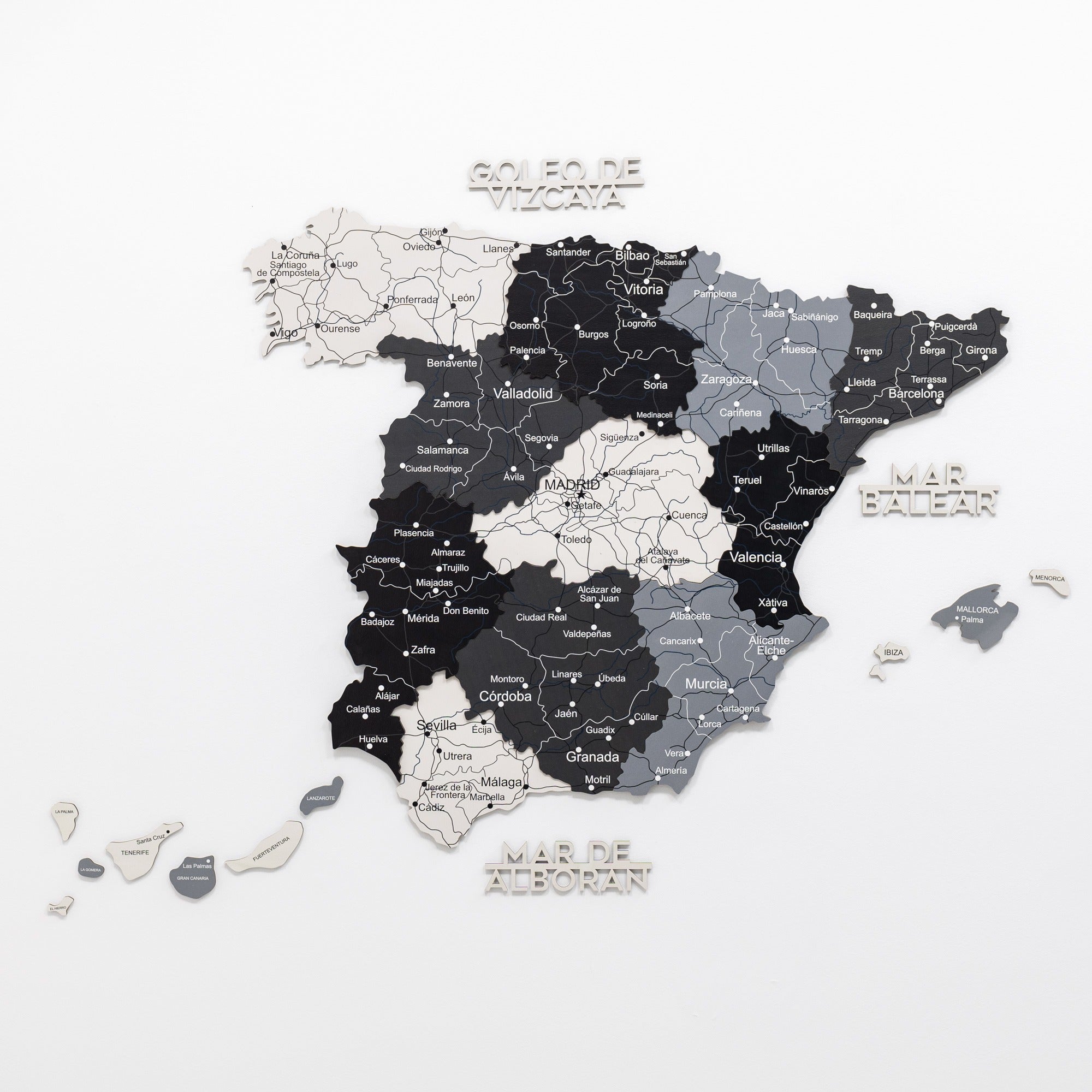 Modern Minimalist Wooden Map of Spain Wall Art in Black, Grey, White